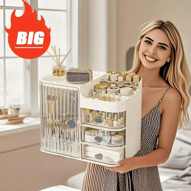 Makeup Organizer Cosmetic Storage Box with Drawers, Large Capacity Makeup Brush Holder, Skincare Perfume Organizer for Vanity Bathroom