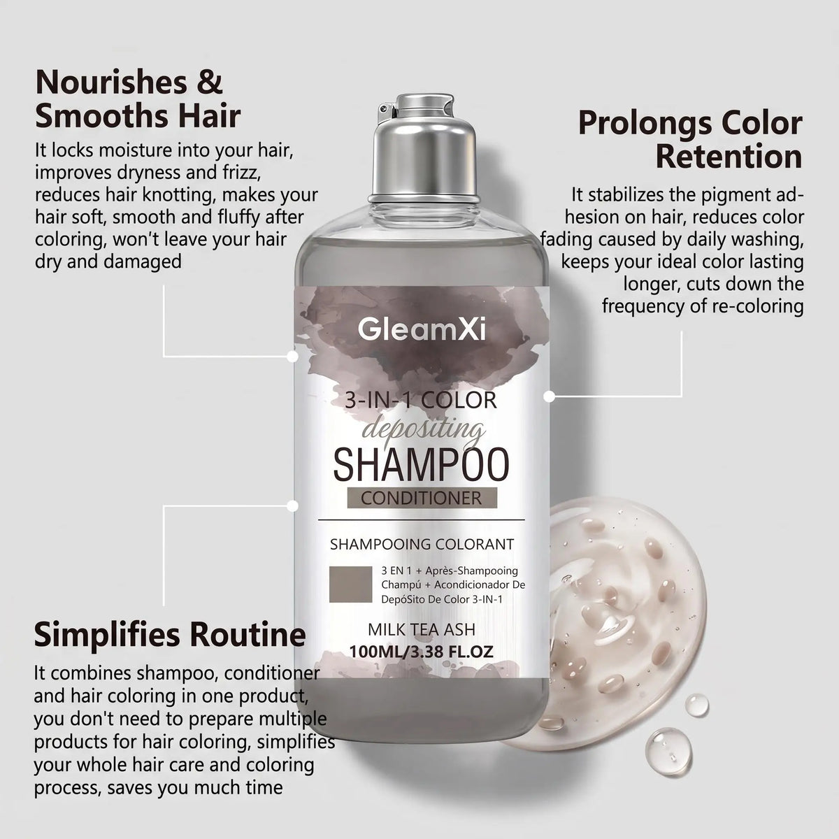 3 in 1 Hair Dye Shampoo for Gray Coverage Natural Herbal Ingredients Milk Tea Ash Brown Long-Lasting Color Deep Nourishing Cleaning Semi-Permanent Hair Color Shampoo