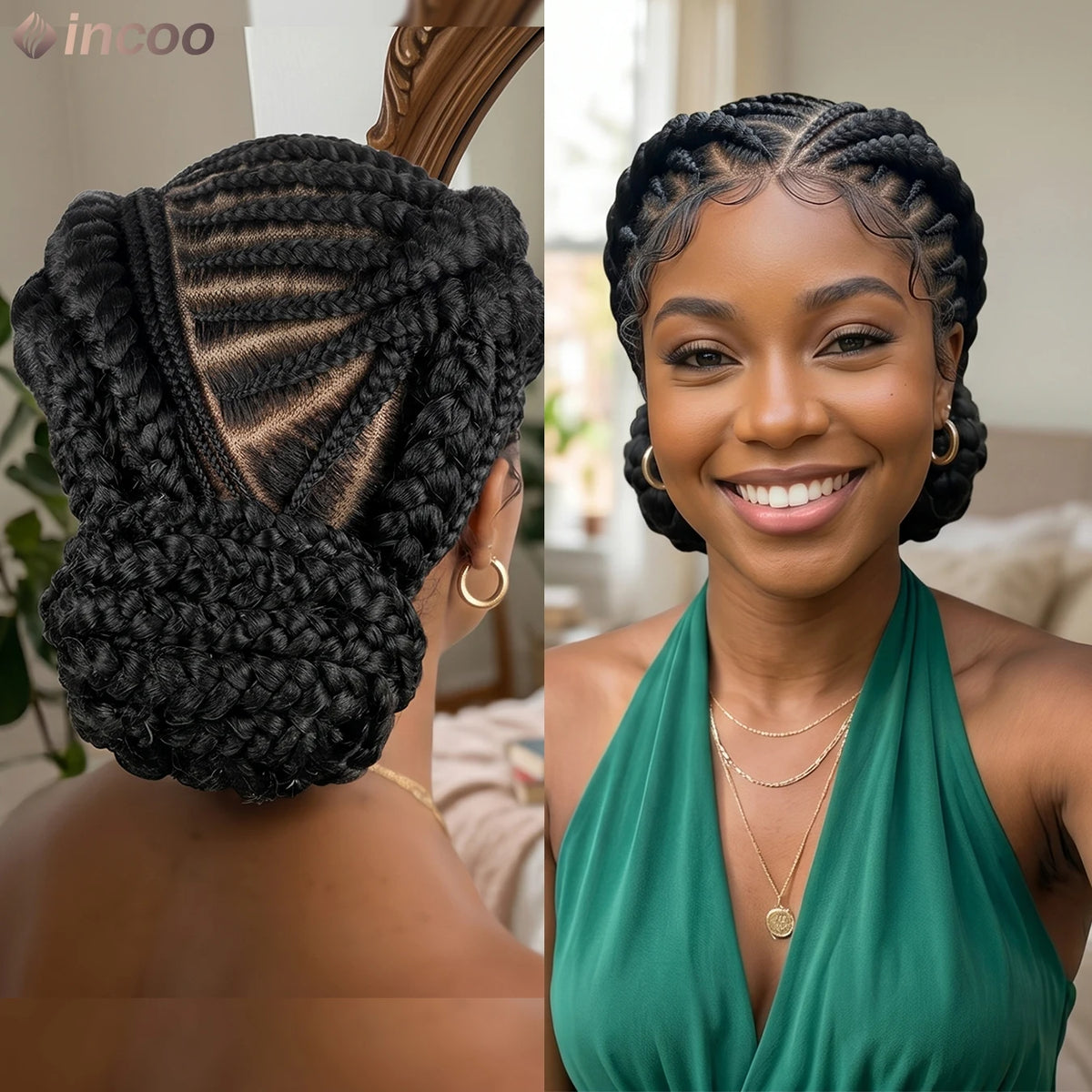 Short Cornnrow Braid Wigs Buns Glueless For Black Women Synthetic HD Full Lace Wig Neat Braids Wig African Protective Style