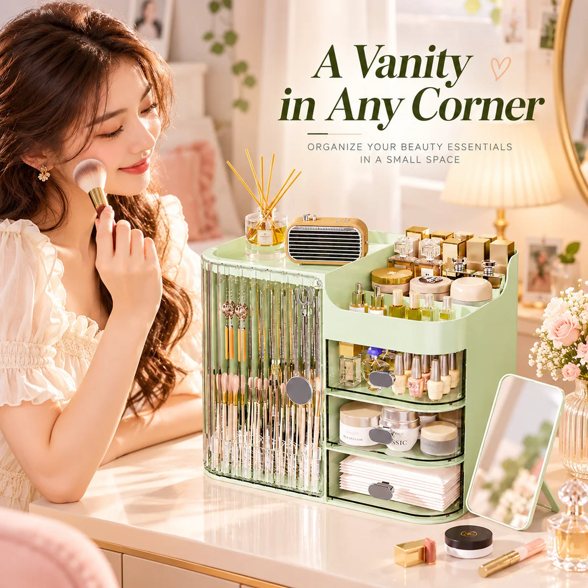 Makeup Organizer Cosmetic Storage Box with Drawers, Large Capacity Makeup Brush Holder, Skincare Perfume Organizer for Vanity Bathroom