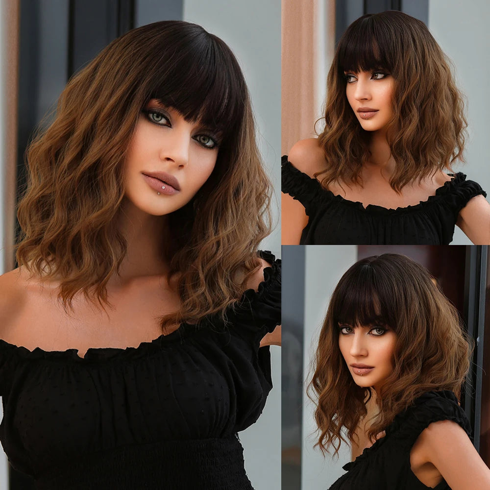EASIHAIR Short White Bob Synthetic Wigs Short Wavy Lolita Natural Hair Wigs with Bangs for Women Heat Resistant Cosplay Wig