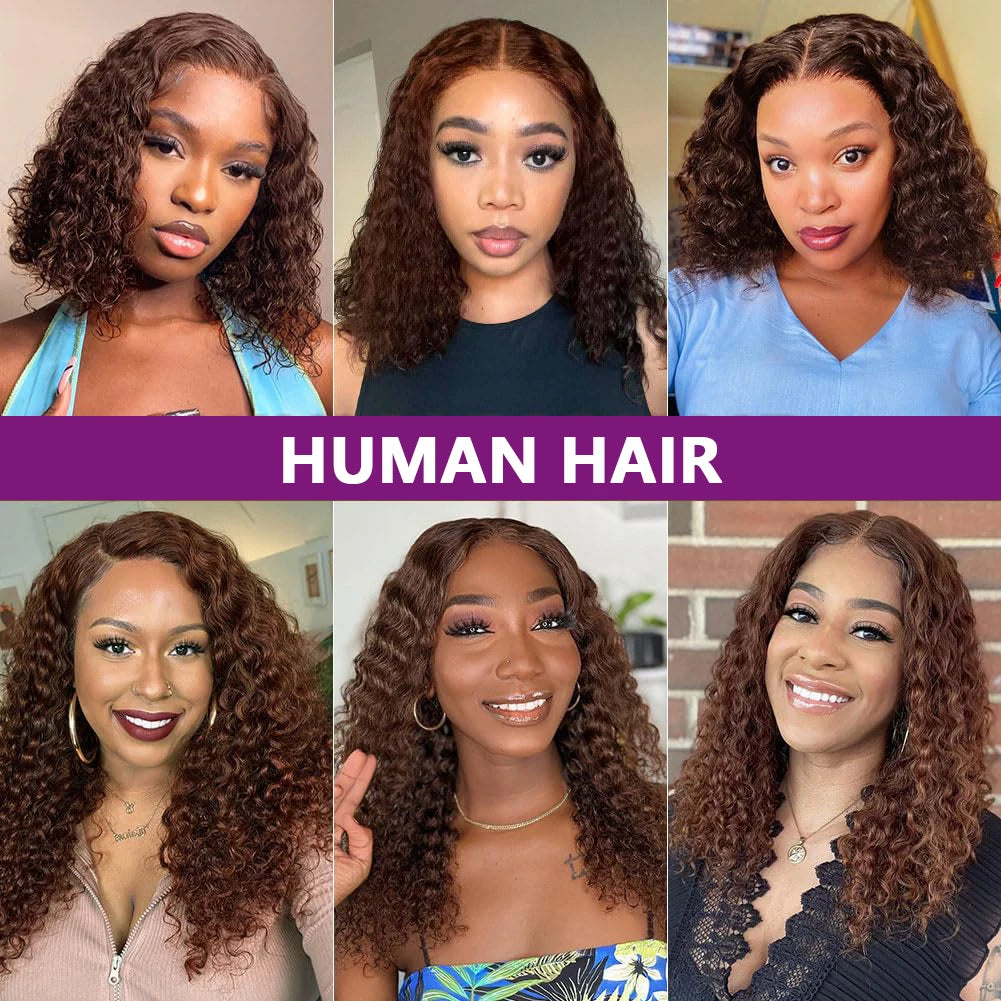 250% Dark Brown Deep Wave Short Bob Wig Human Hair Curly Transparent Lace 13x4 Human Hair Wigs Pre Plucked 10-16 Inch