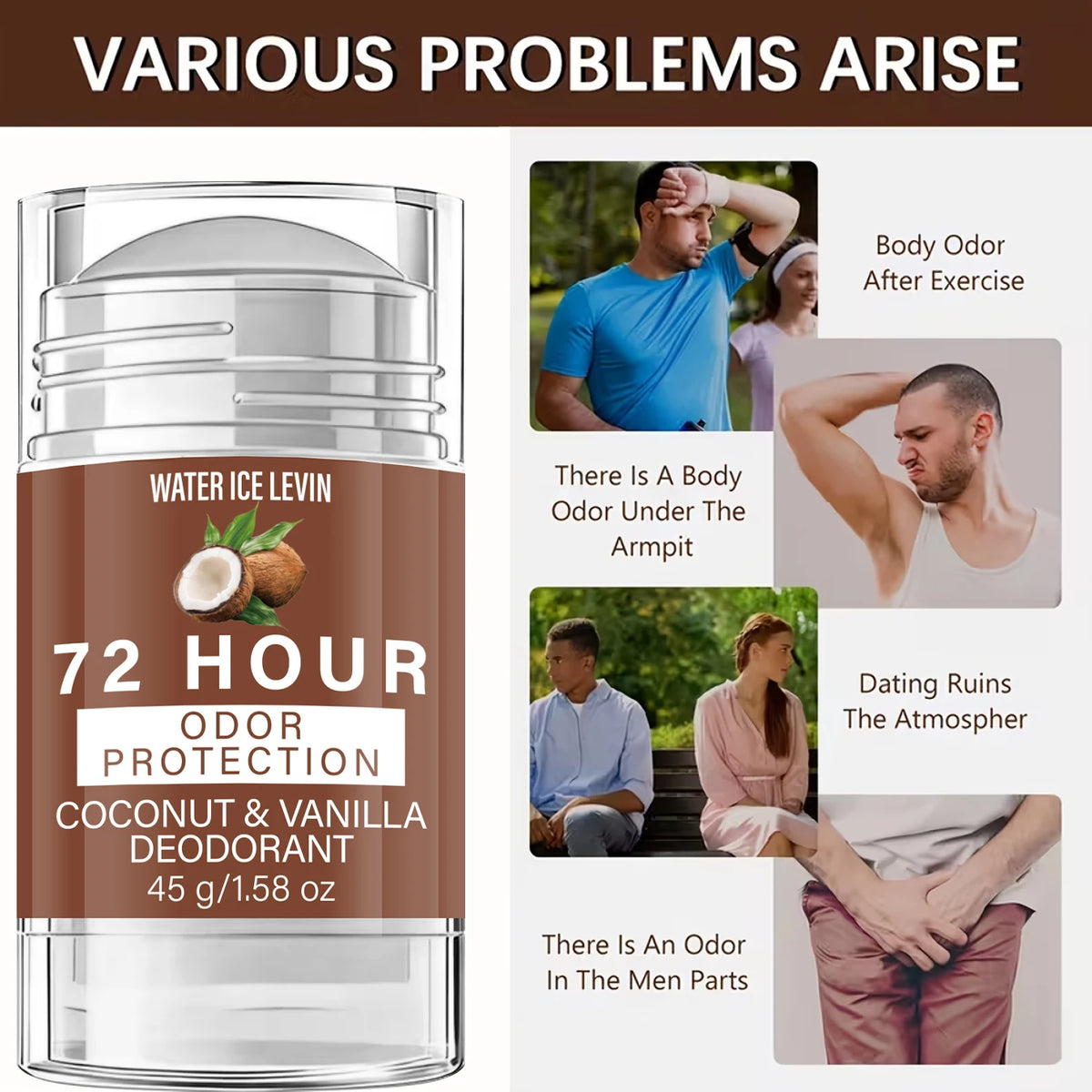 Water Ice Levin Coconut & Vanilla Deodorant 45g Eucalyptus Oil Collagen Gentle Refreshing Natural Body Deodorant Care Stick