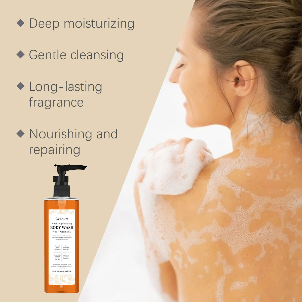 Ginseng Body Wash Hyaluronic Acid Natural Botanical Blend Refreshing Revitalizing Skin Smoothing Softening Enhancing Radiance Healthy Glow Bath Shower Gel