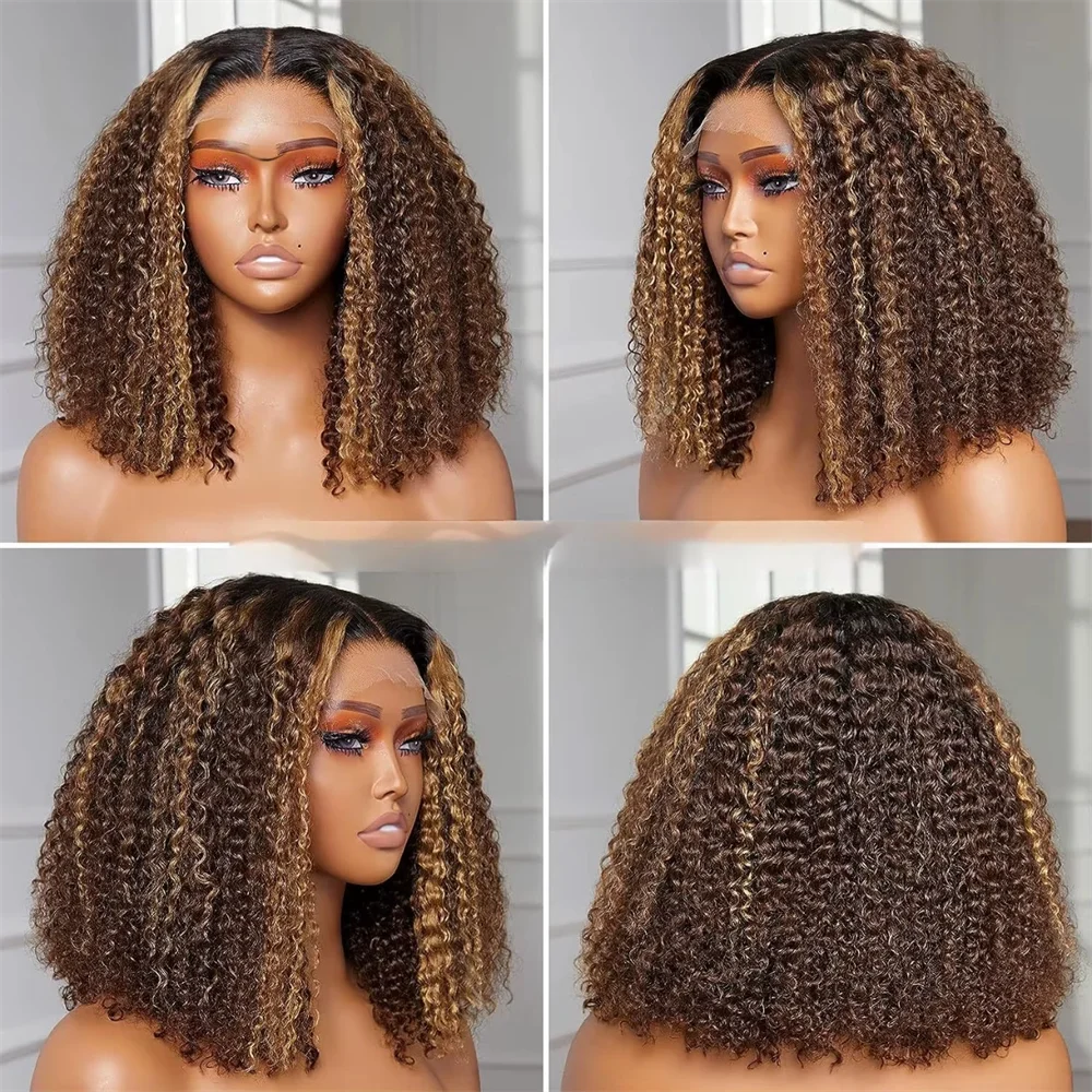 Ombre Highlight P4/27 Color Short Bob Wigs Curly 13x4 Lace Frontal Wigs Human Hair Deep Curly Bob Wig Brazilian Hair Short Bob