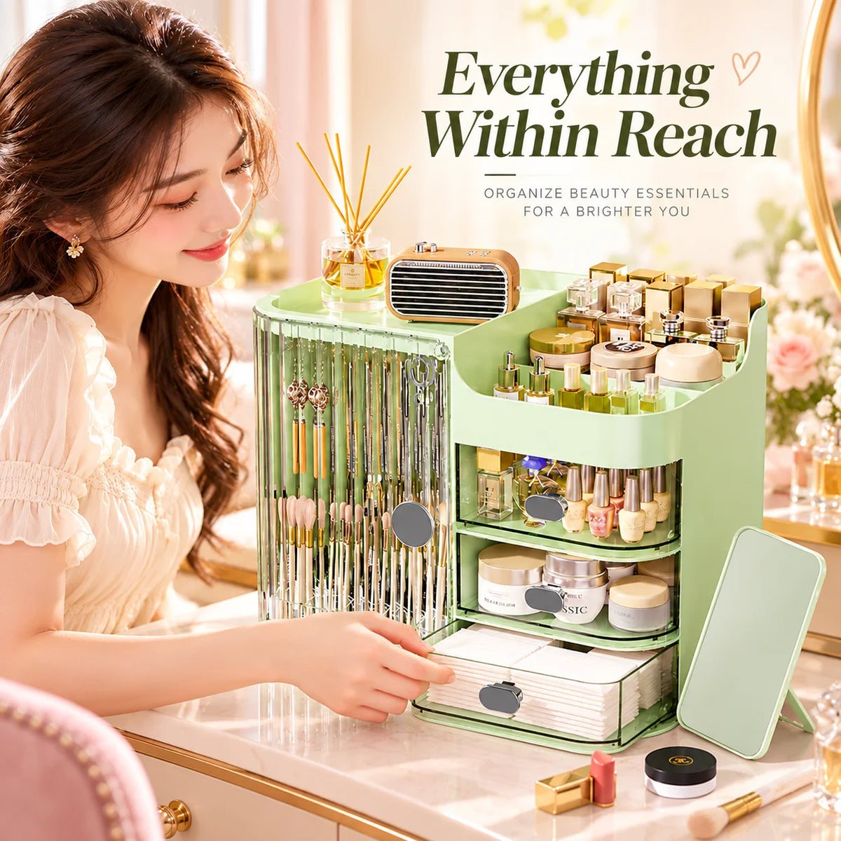 Makeup Organizer Cosmetic Storage Box with Drawers, Large Capacity Makeup Brush Holder, Skincare Perfume Organizer for Vanity Bathroom