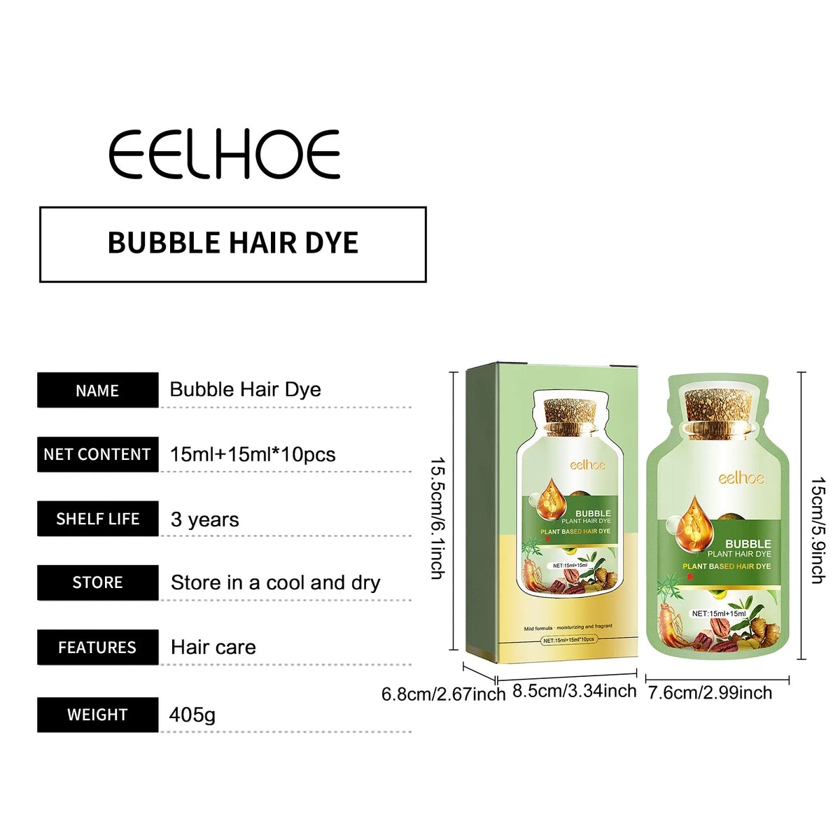 EELHOE Bubble Hair Dye Foam Fast Cover White Hair Grey Dye Shampoo Scalp Nourishing Color Shampoo Natural Plant Hair Dye 10PCS