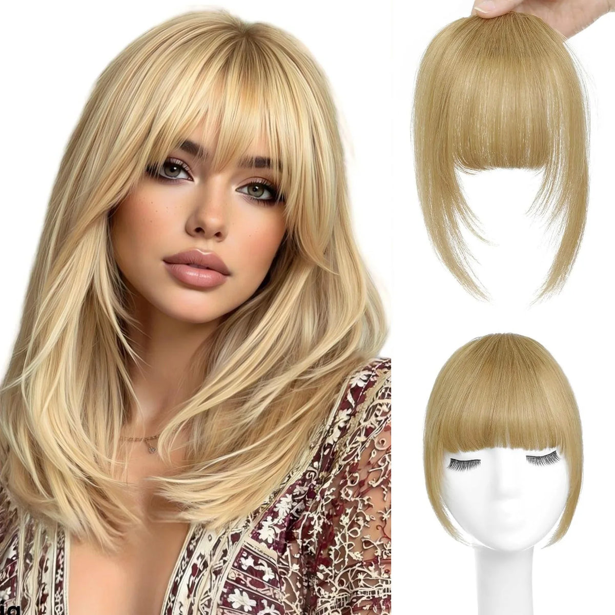 Clip In French Hair Bangs 100%  Human Hair Extensions Wispy Bangs for Women Curved Fake Bangs with Fringe Temples Hairpieces