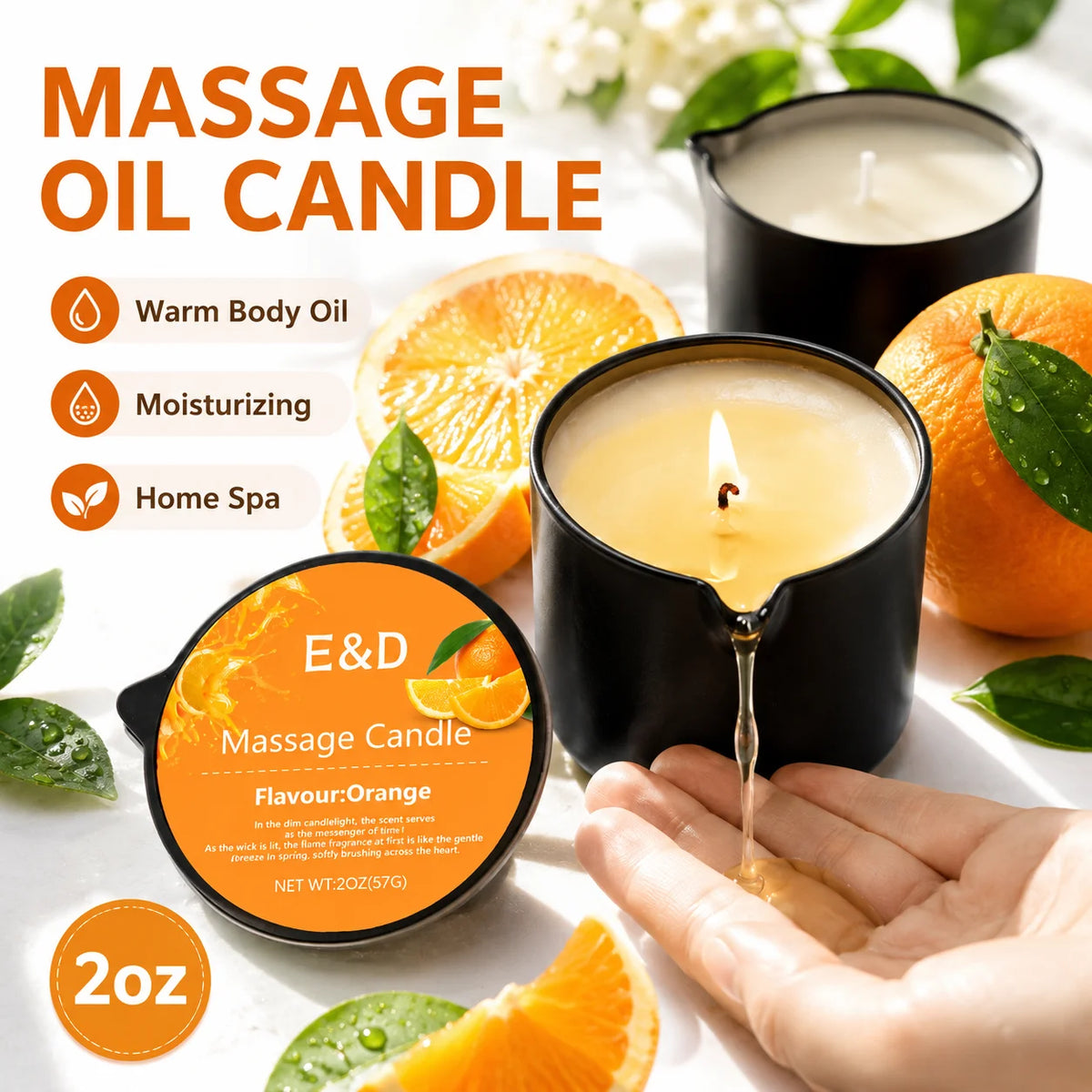 Orange Massage Oil Candle 2 oz, Body Massage Candle Melts Into Warm Body Oil, Moisturizing Aromatherapy Home Spa Gift For Women