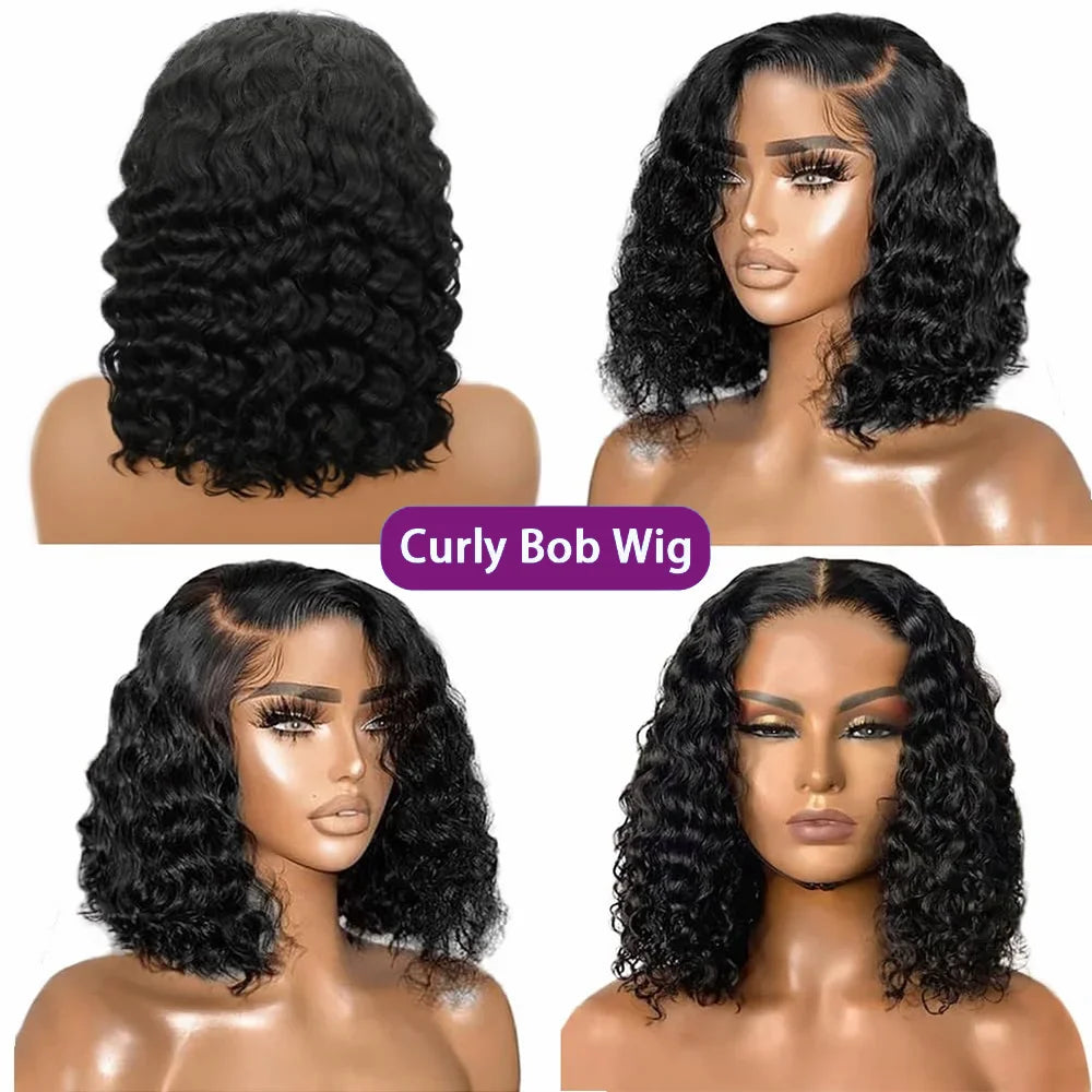 Short Bob Curly 13x4 Lace Front Human Hair Wigs Brazilian Virgin 100% Human Hair Deep Wave Bob Wigs 200% Density 4x4 Closure Wig