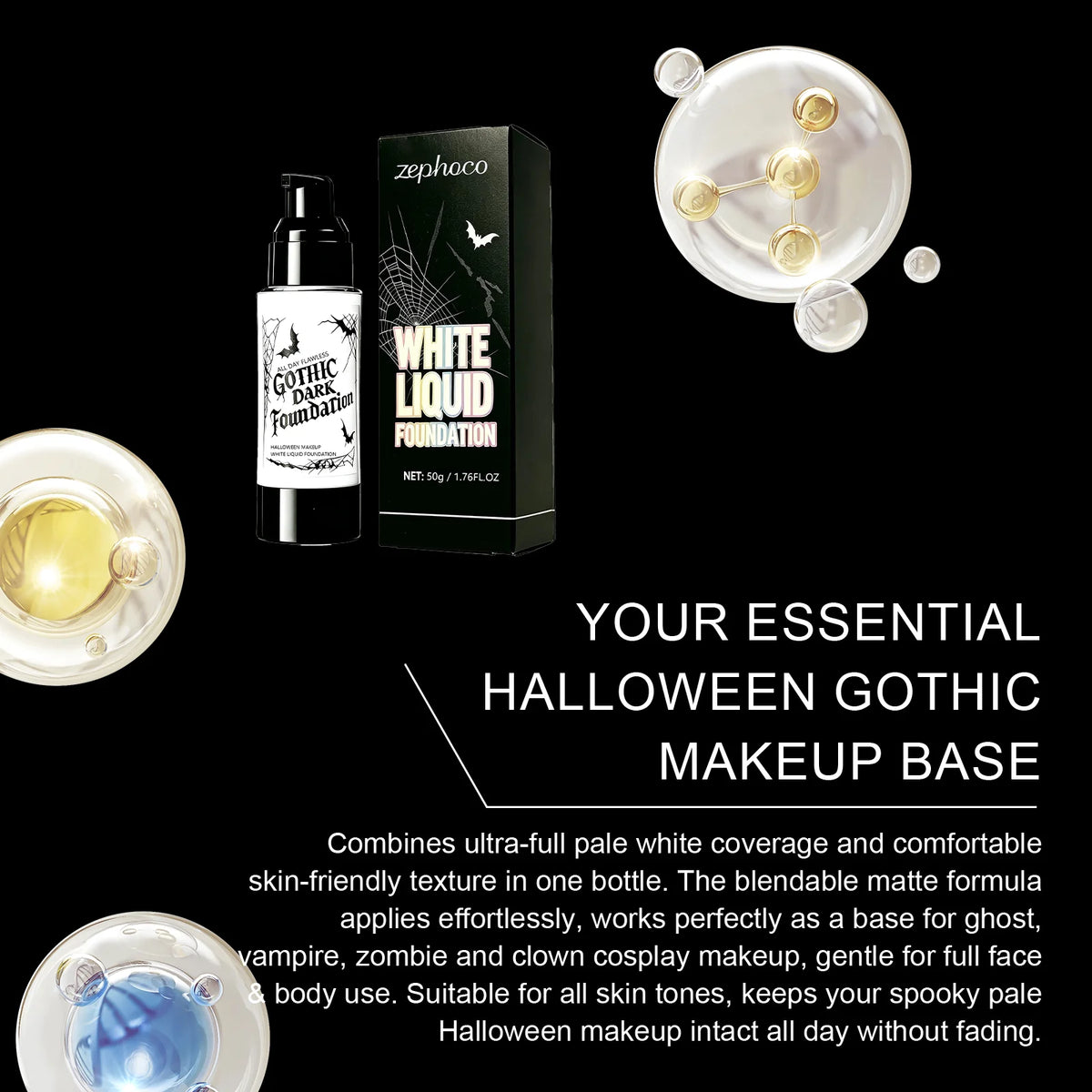 50G White Face Liquid Foundation for Helloween Cos Makeup Full Coverage Lasting Mekeup Effect Sweatproof Hydrating Natural Matte White Facial Foundation Liquid