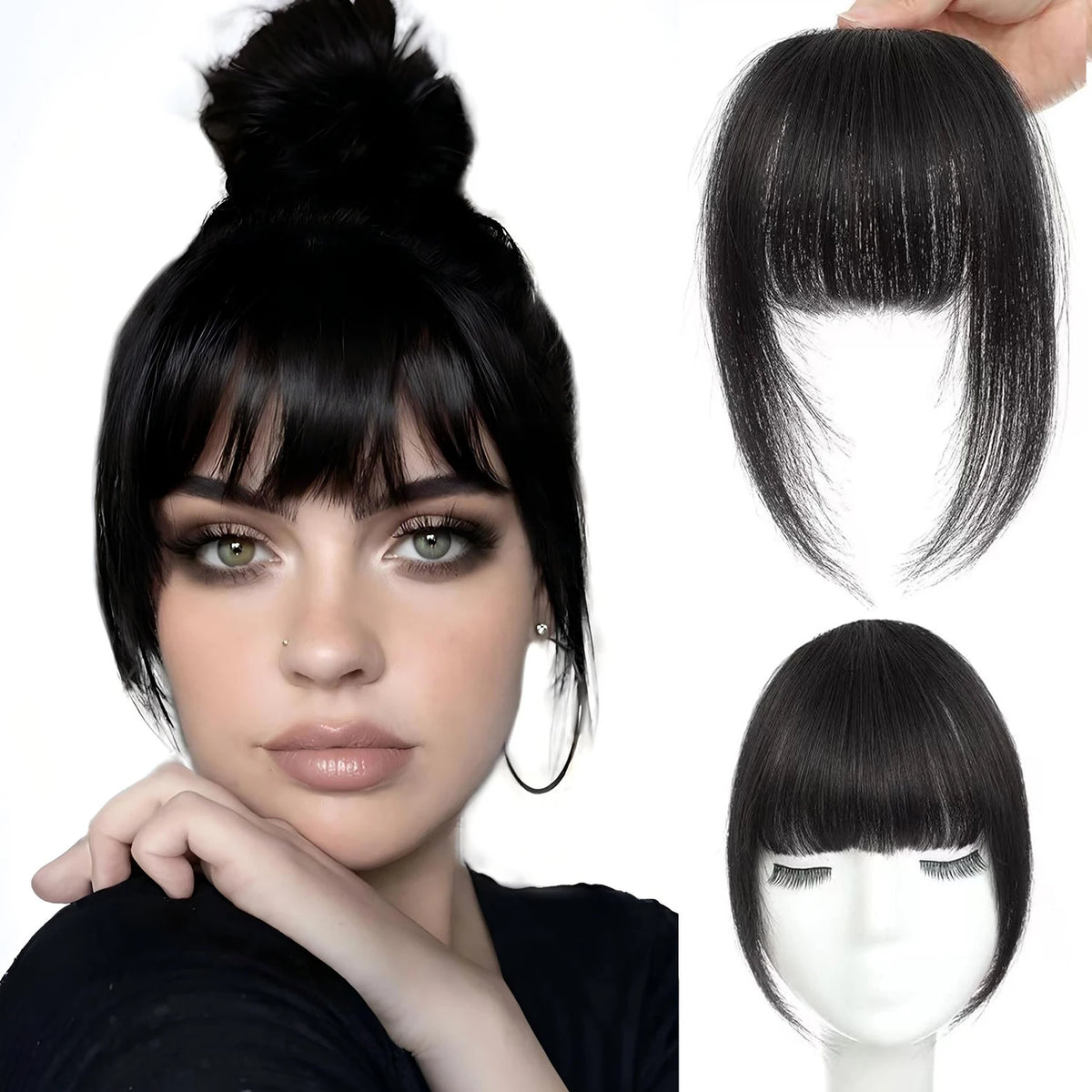 Clip In French Hair Bangs 100%  Human Hair Extensions Wispy Bangs for Women Curved Fake Bangs with Fringe Temples Hairpieces