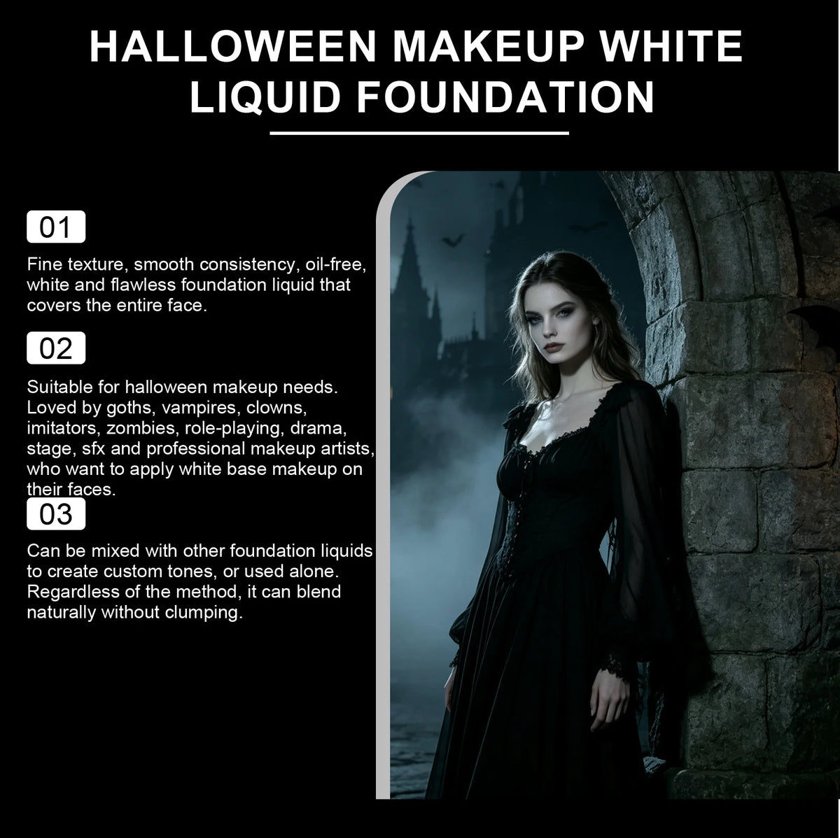 50G White Face Liquid Foundation for Helloween Cos Makeup Full Coverage Lasting Mekeup Effect Sweatproof Hydrating Natural Matte White Facial Foundation Liquid