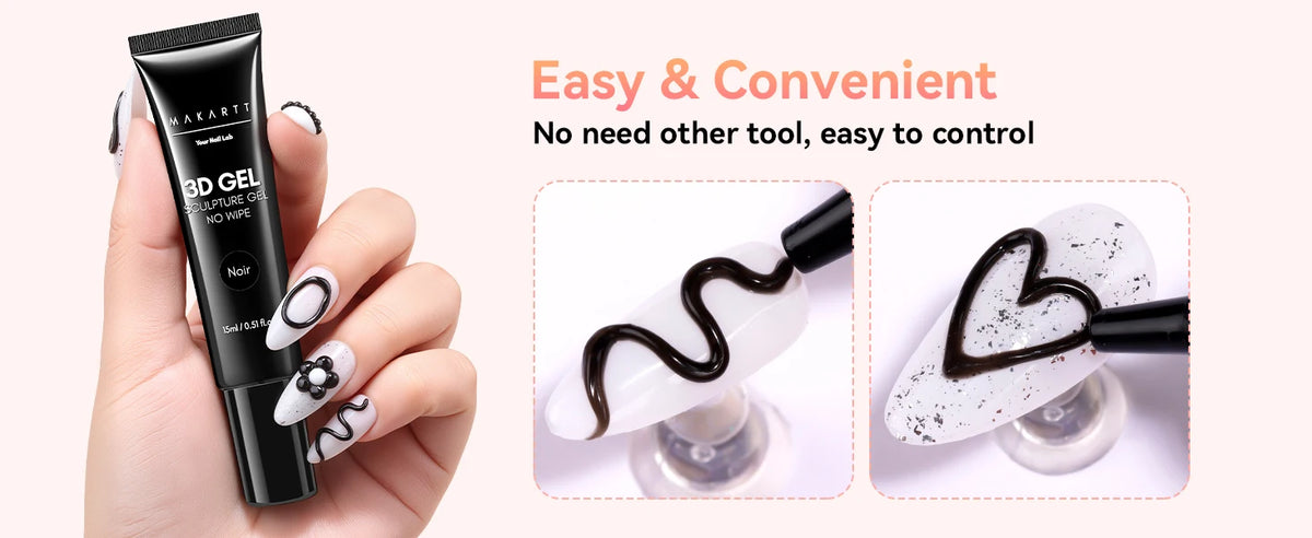 Makartt 3D Gel Nail Art – Clear & Noir Sculpting Gel for DIY Embossed Nail Designs – No Wipe Easy-Squeeze Tube Nail Glue