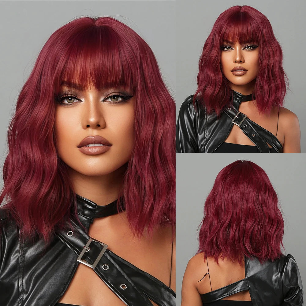 EASIHAIR Short White Bob Synthetic Wigs Short Wavy Lolita Natural Hair Wigs with Bangs for Women Heat Resistant Cosplay Wig