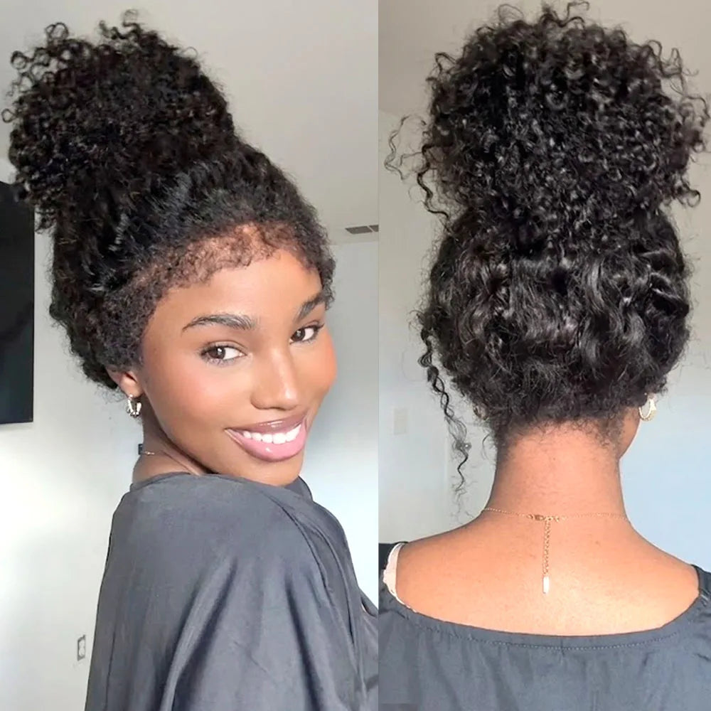 4C Kinky Edges Deep Wave Hidden Invisible Drawstring 360 HD Full Lace Glueless Frontal Wig Kinky Curly Lace Front Human Hair Wig
