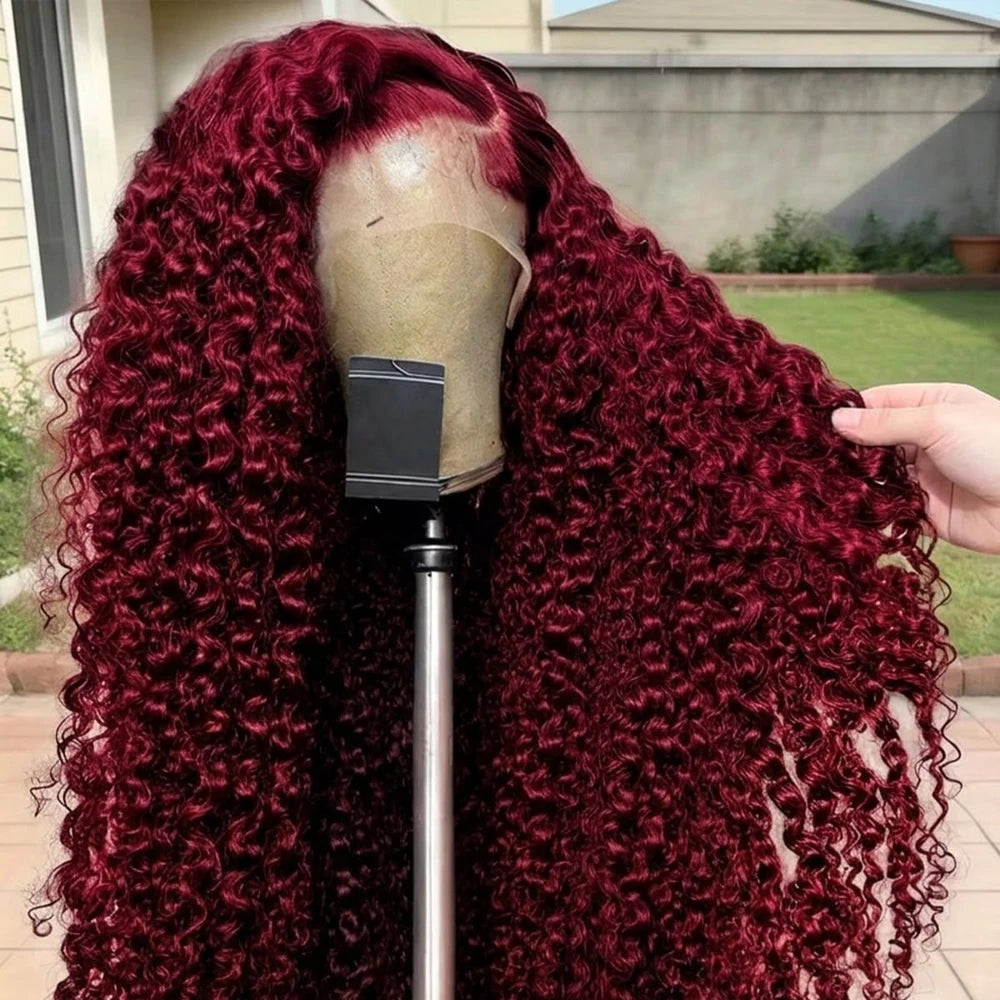 13x4 HD Transparent Lace Front Wig Red Deep Wave Human Hair 200 Density Glueless Pre Plucked Natural Hairline Wig For Women