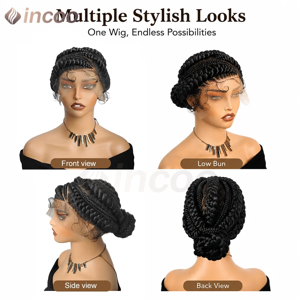 Short Cornnrow Braid Wigs Buns Glueless For Black Women Synthetic HD Full Lace Wig Neat Braids Wig African Protective Style