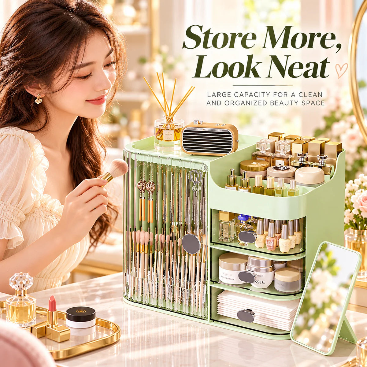 Makeup Organizer Cosmetic Storage Box with Drawers, Large Capacity Makeup Brush Holder, Skincare Perfume Organizer for Vanity Bathroom