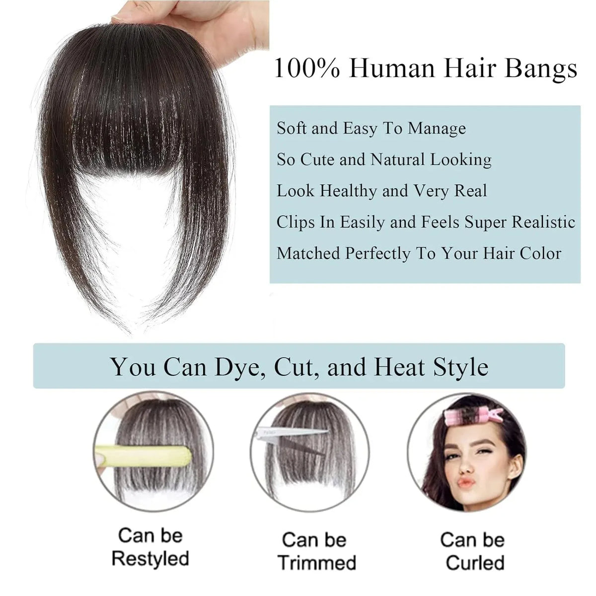 Clip In French Hair Bangs 100%  Human Hair Extensions Wispy Bangs for Women Curved Fake Bangs with Fringe Temples Hairpieces