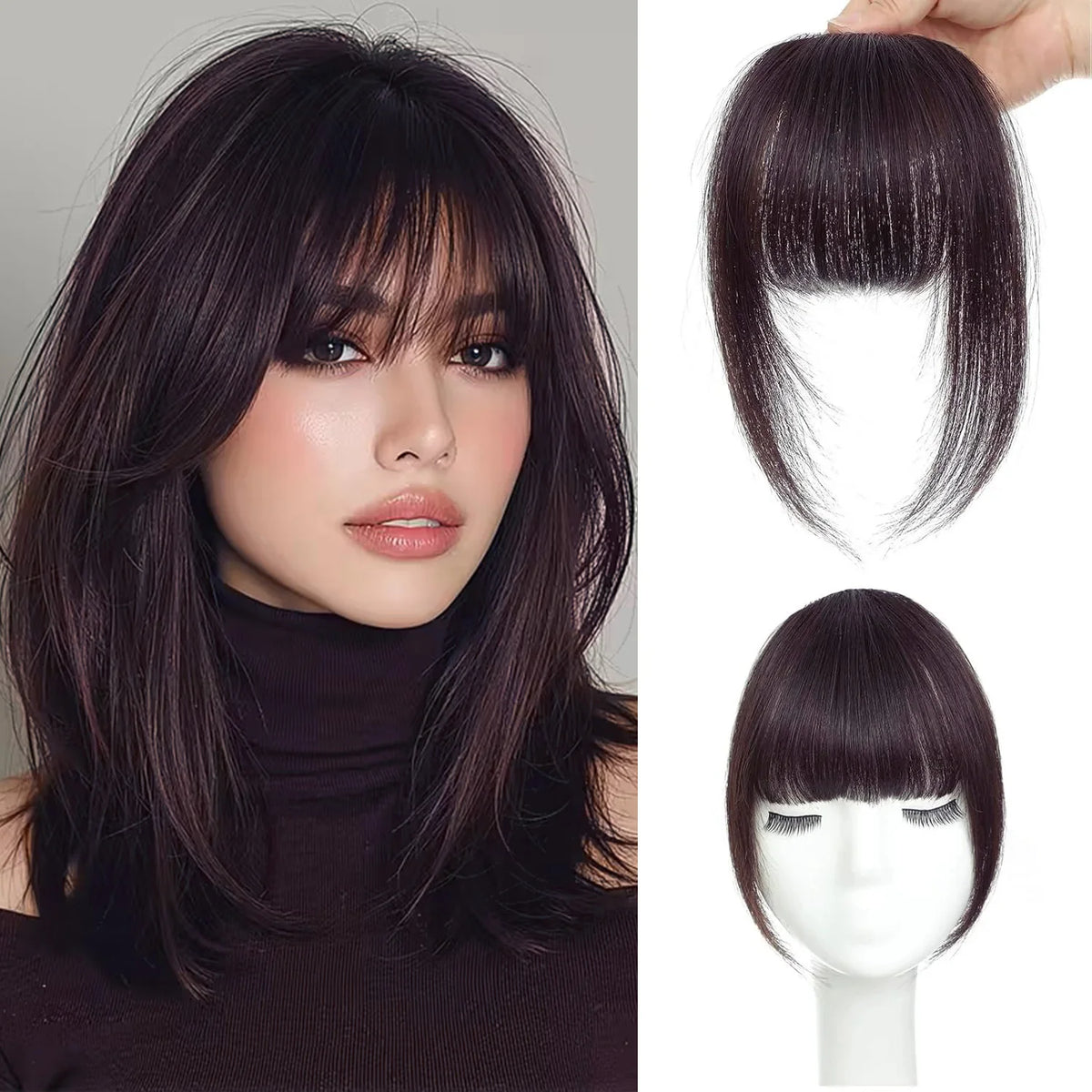 Clip In French Hair Bangs 100%  Human Hair Extensions Wispy Bangs for Women Curved Fake Bangs with Fringe Temples Hairpieces