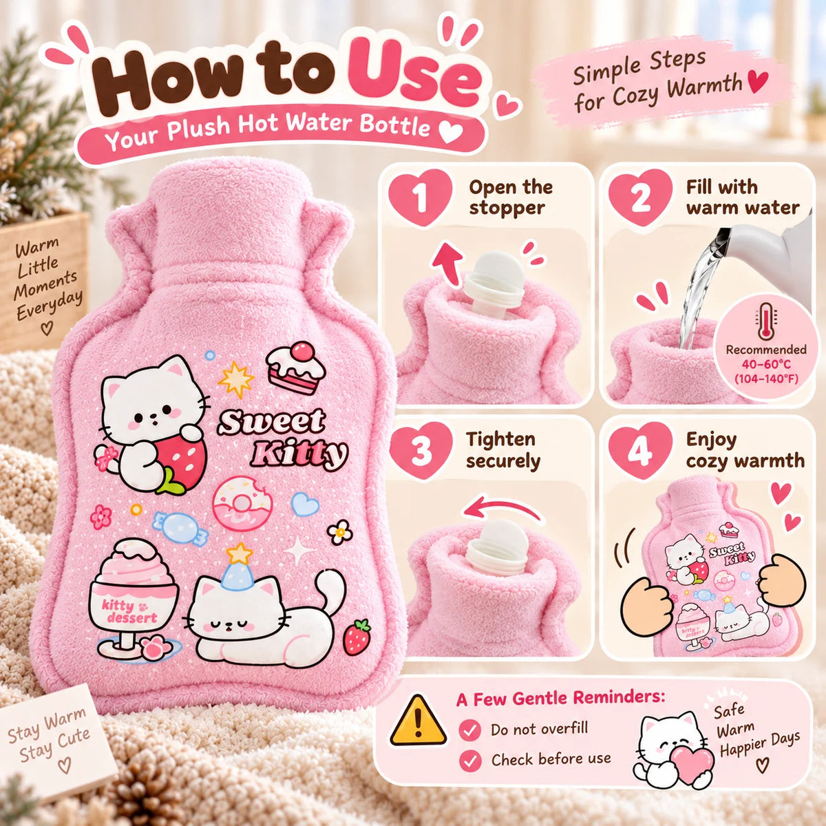 1PC Hot Water Bottle Cute Plush Cartoon Cover Warm Water Bag Portable Reusable Hand Warmer Winter Home Gift
