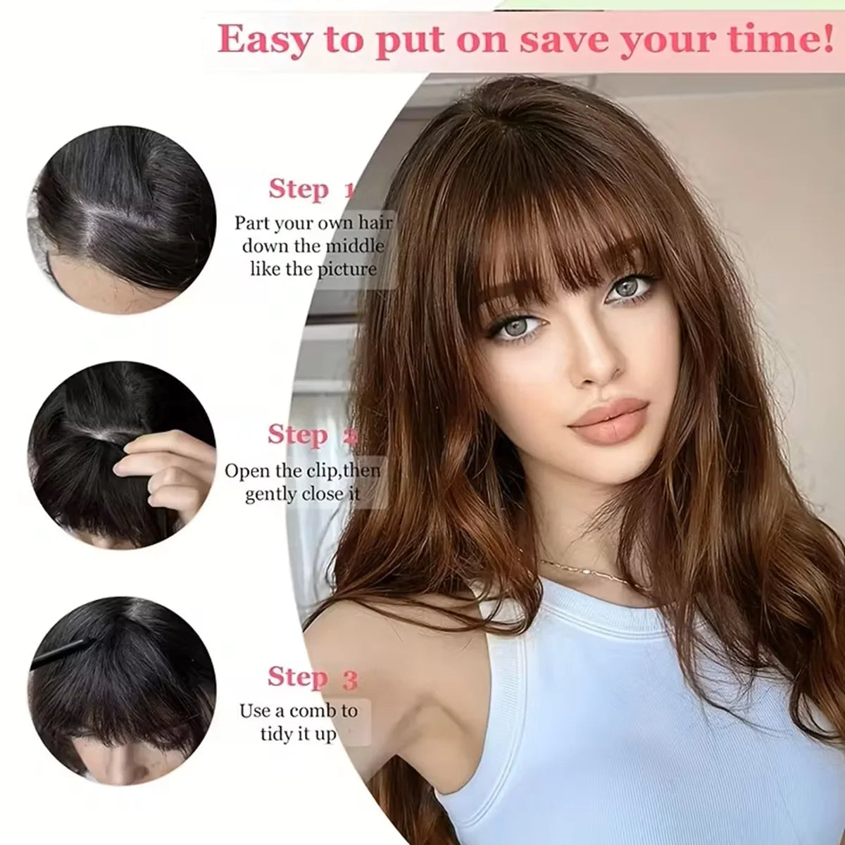 Clip In French Hair Bangs 100%  Human Hair Extensions Wispy Bangs for Women Curved Fake Bangs with Fringe Temples Hairpieces