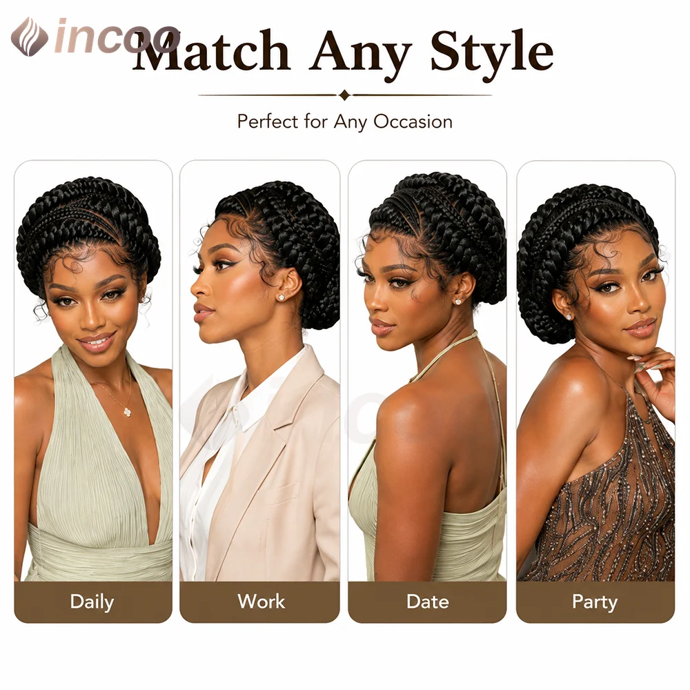 Short Cornnrow Braid Wigs Buns Glueless For Black Women Synthetic HD Full Lace Wig Neat Braids Wig African Protective Style