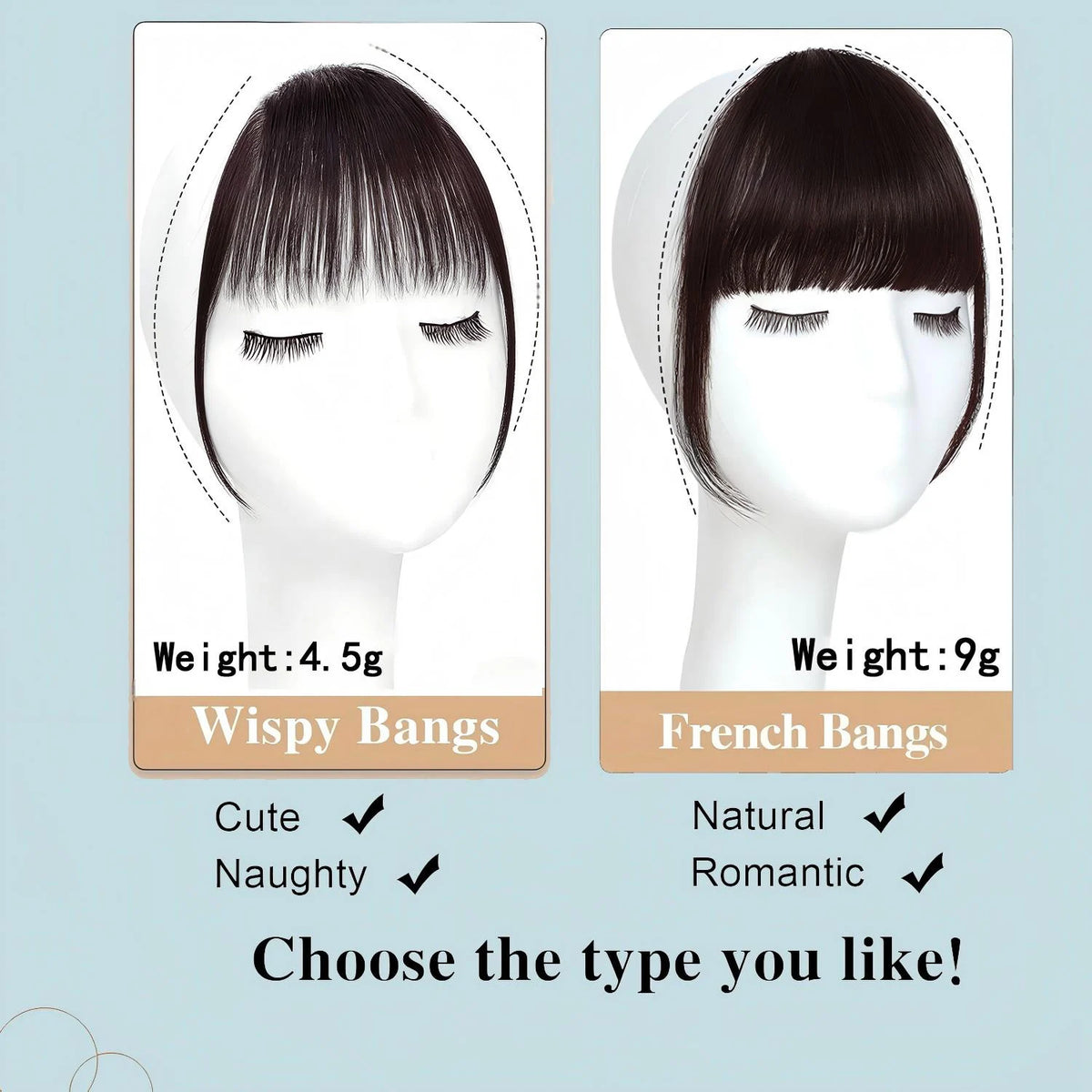 Clip In French Hair Bangs 100%  Human Hair Extensions Wispy Bangs for Women Curved Fake Bangs with Fringe Temples Hairpieces
