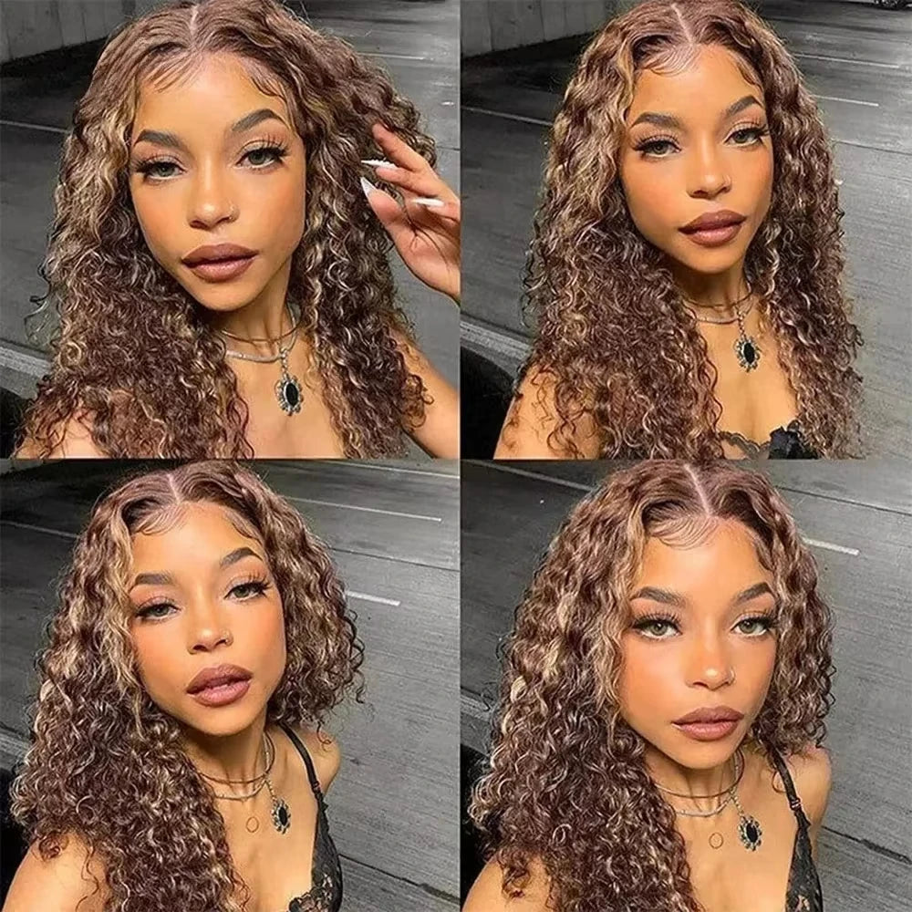 Ombre Highlight P4/27 Color Short Bob Wigs Curly 13x4 Lace Frontal Wigs Human Hair Deep Curly Bob Wig Brazilian Hair Short Bob