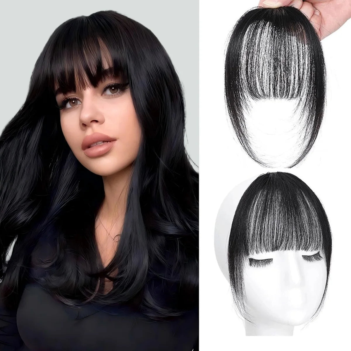 Clip In French Hair Bangs 100%  Human Hair Extensions Wispy Bangs for Women Curved Fake Bangs with Fringe Temples Hairpieces