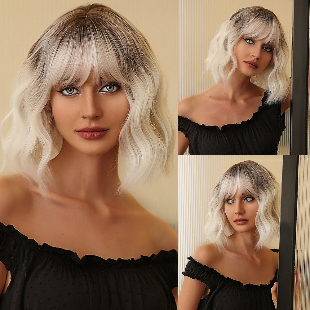 EASIHAIR Short White Bob Synthetic Wigs Short Wavy Lolita Natural Hair Wigs with Bangs for Women Heat Resistant Cosplay Wig