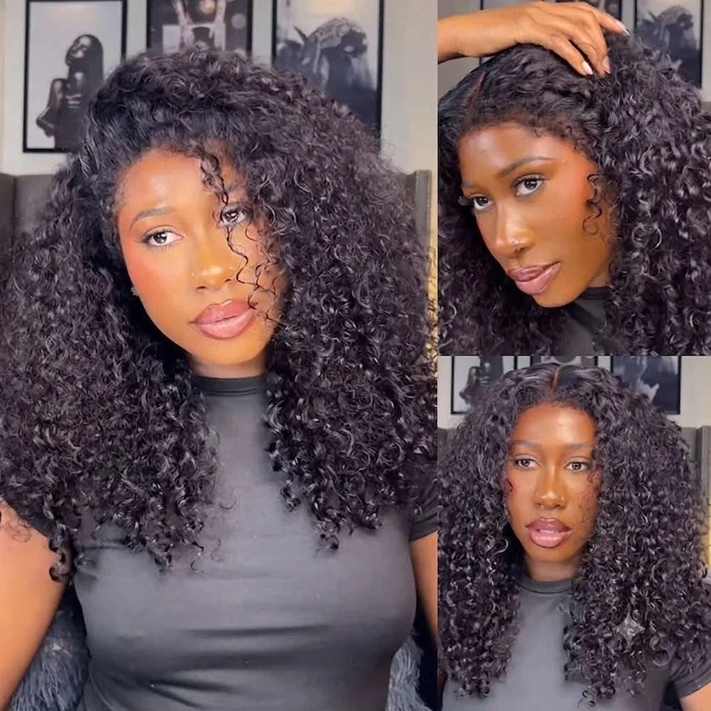 4C Kinky Edges Deep Wave Hidden Invisible Drawstring 360 HD Full Lace Glueless Frontal Wig Kinky Curly Lace Front Human Hair Wig