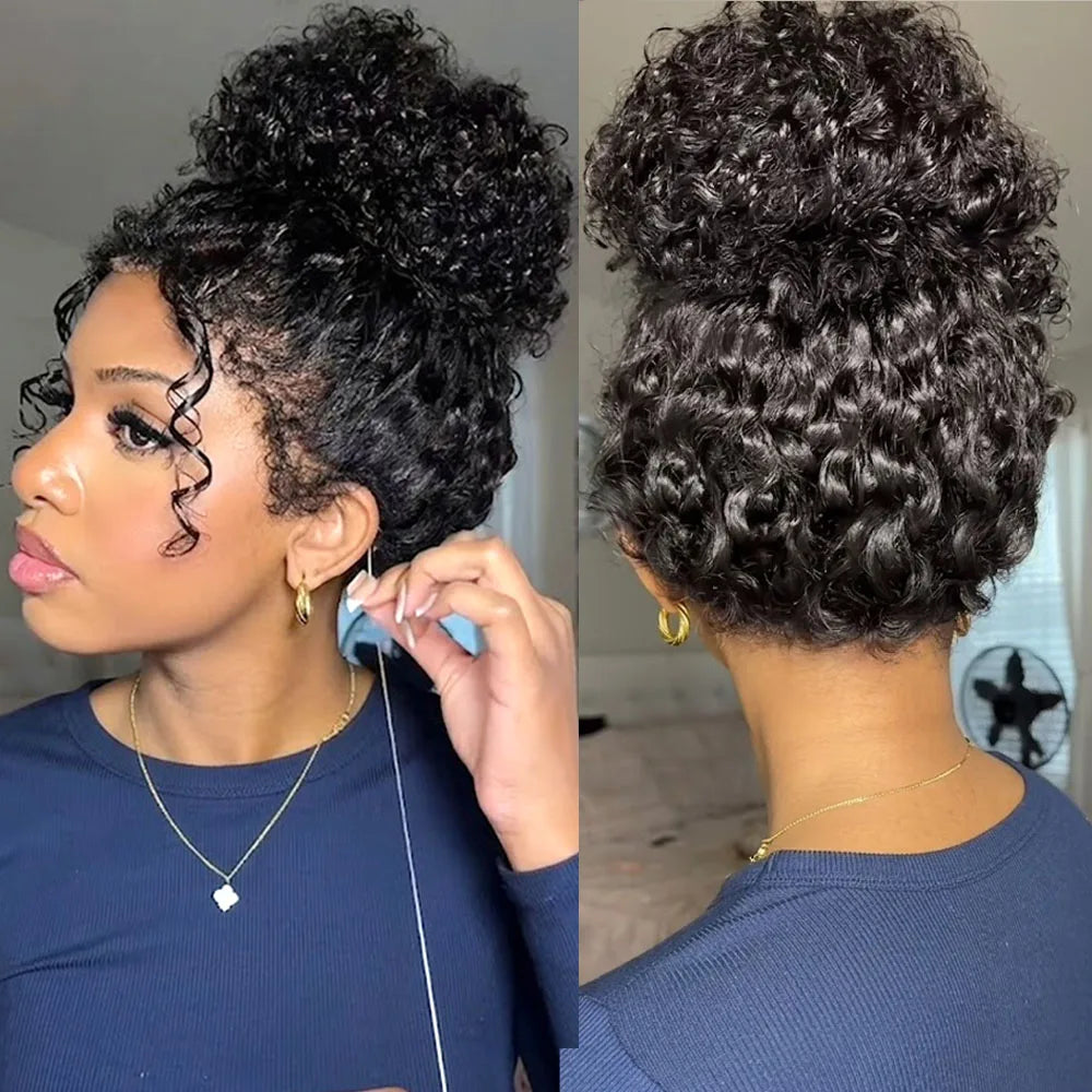 4C Kinky Edges Deep Wave Hidden Invisible Drawstring 360 HD Full Lace Glueless Frontal Wig Kinky Curly Lace Front Human Hair Wig
