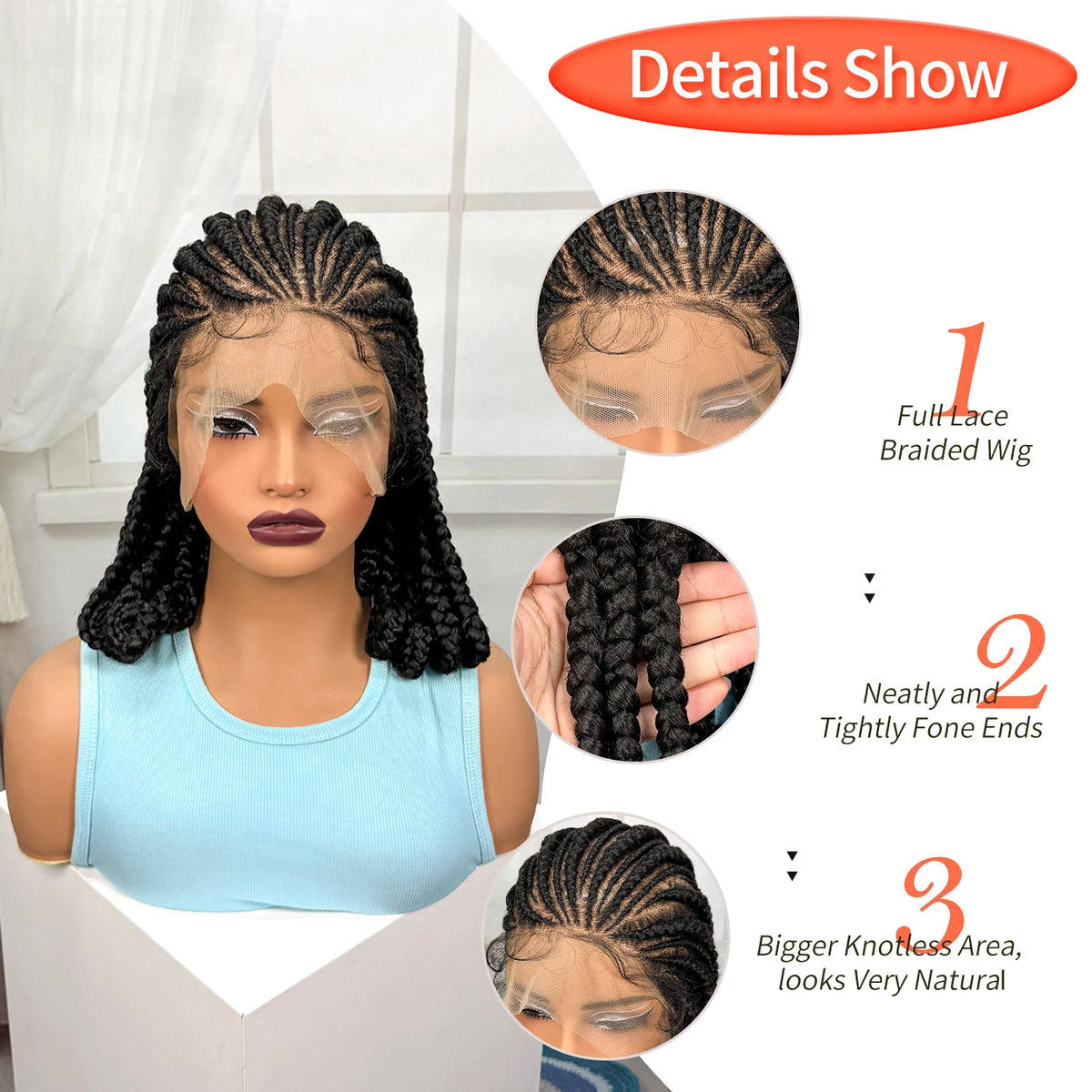Full Lace Braided Wigs Synthetic Natural Cornrow Braids Wig Handmade Bantu Braiding Hair Wigs with Baby Hair for Black Women