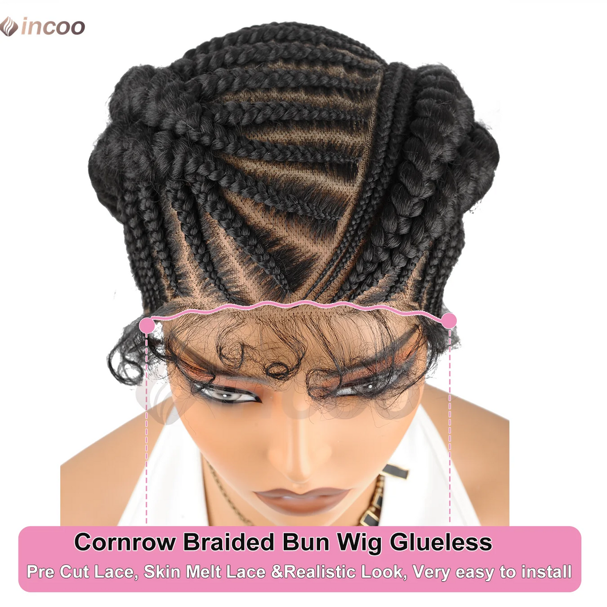 Short Cornnrow Braid Wigs Buns Glueless For Black Women Synthetic HD Full Lace Wig Neat Braids Wig African Protective Style