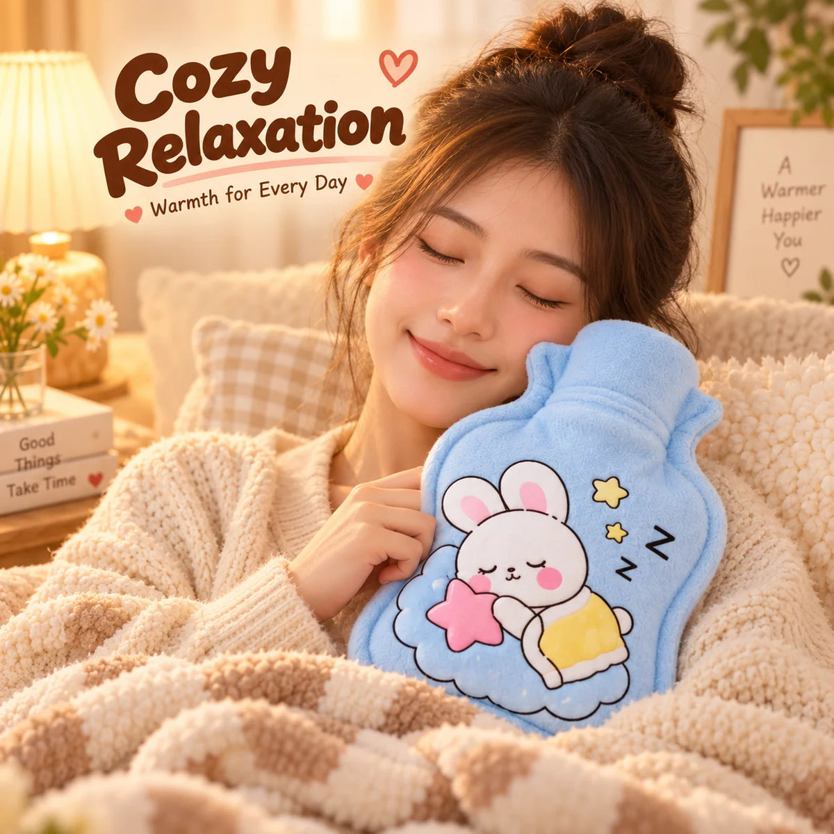 Hot Water Bottle Plush Warm Water Bag Cute Cartoon Soft Cover Hand Warmer for Winter Bed Sofa Women Kids Gift