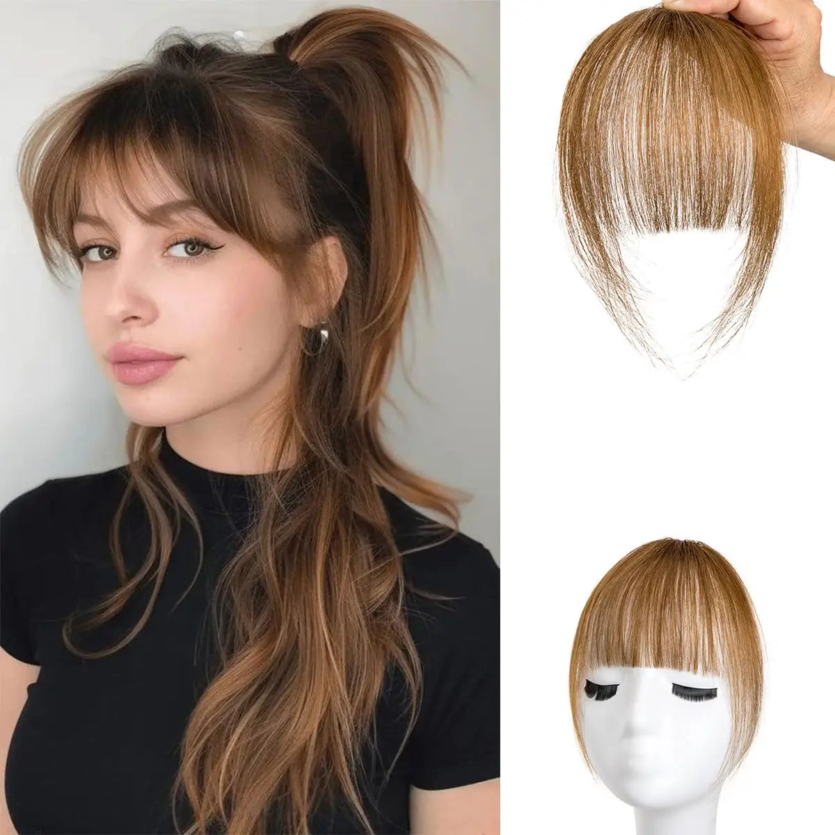 Clip In French Hair Bangs 100%  Human Hair Extensions Wispy Bangs for Women Curved Fake Bangs with Fringe Temples Hairpieces