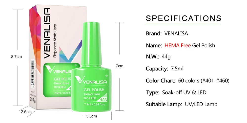 VENALISA 7.5ml Nail Gel Polish VIP4 HEMA Free Semi Permanent Soak off UV LED Nail Gel Varnish Full Coverage Nail Gel Lacquer