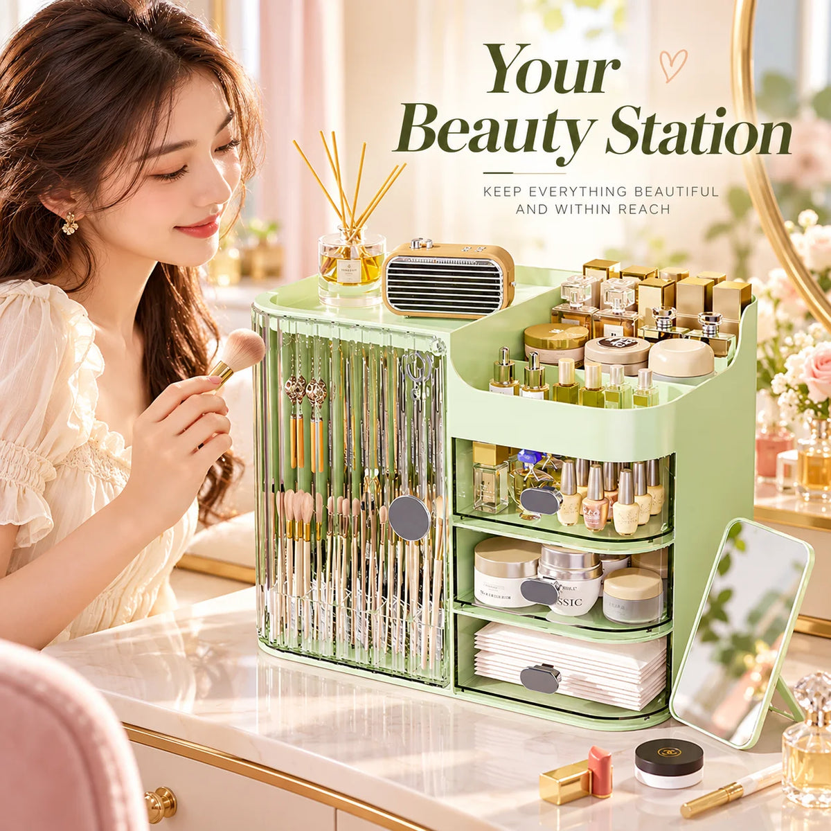 Makeup Organizer Cosmetic Storage Box with Drawers, Large Capacity Makeup Brush Holder, Skincare Perfume Organizer for Vanity Bathroom