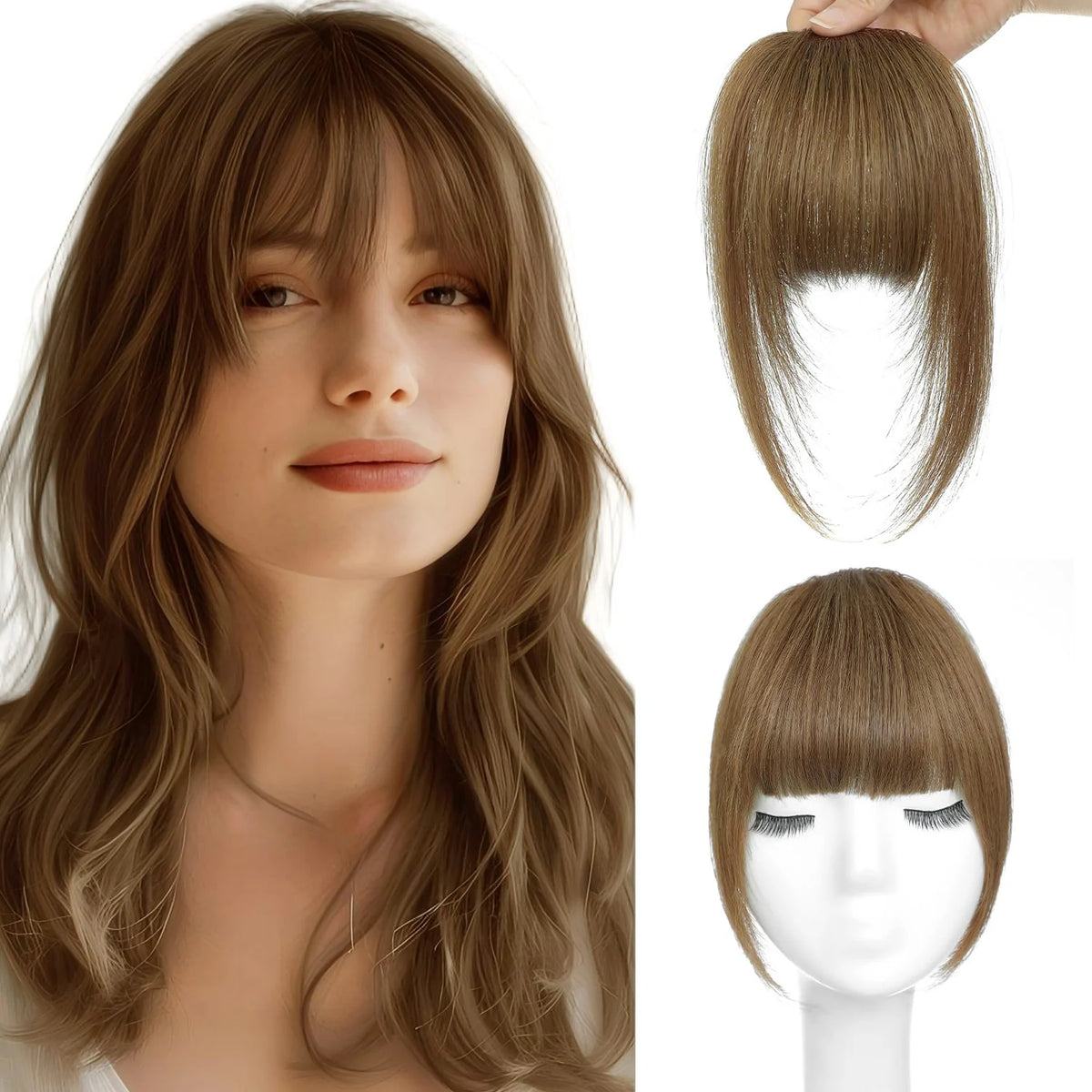 Clip In French Hair Bangs 100%  Human Hair Extensions Wispy Bangs for Women Curved Fake Bangs with Fringe Temples Hairpieces