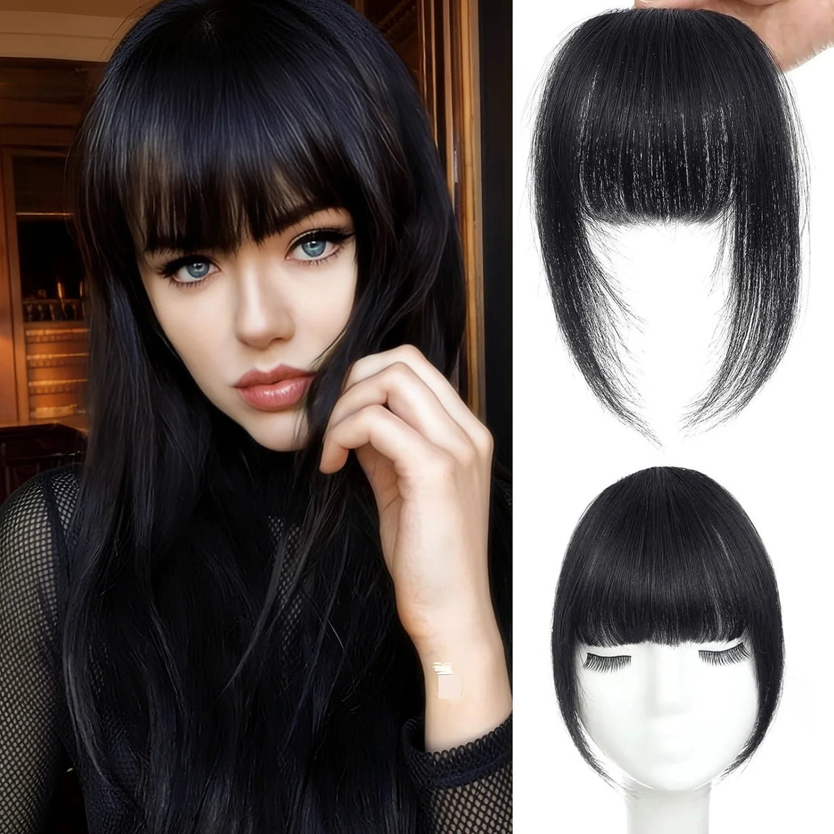 Clip In French Hair Bangs 100%  Human Hair Extensions Wispy Bangs for Women Curved Fake Bangs with Fringe Temples Hairpieces