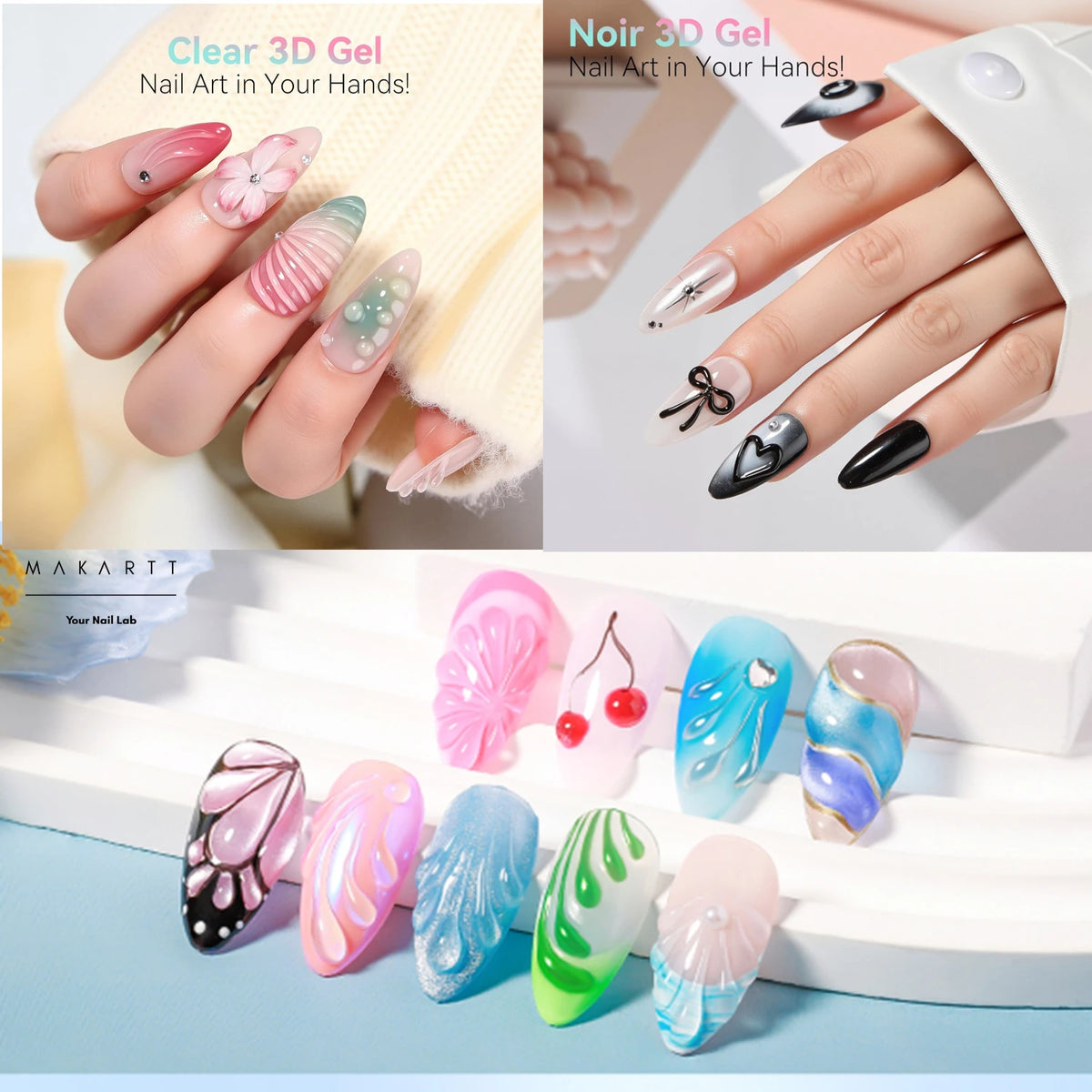 Makartt 3D Gel Nail Art – Clear & Noir Sculpting Gel for DIY Embossed Nail Designs – No Wipe Easy-Squeeze Tube Nail Glue