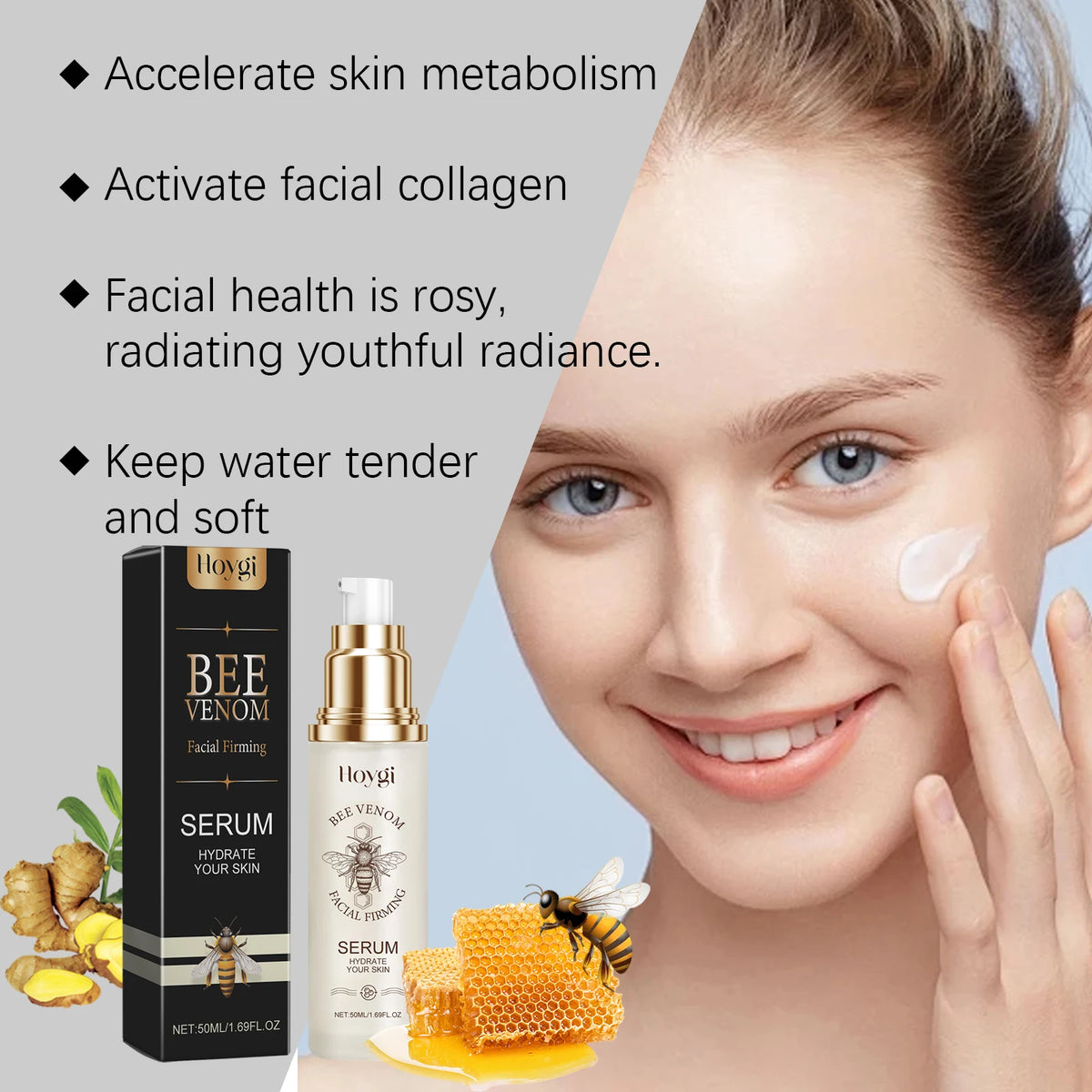 Bee Venom Facial Serum Firming Ginger Root Extract Even Skin Tone Fade Dark Spots Radiant Glow Lift Tighten Anti Aging Support Skin Elasticity Face Care