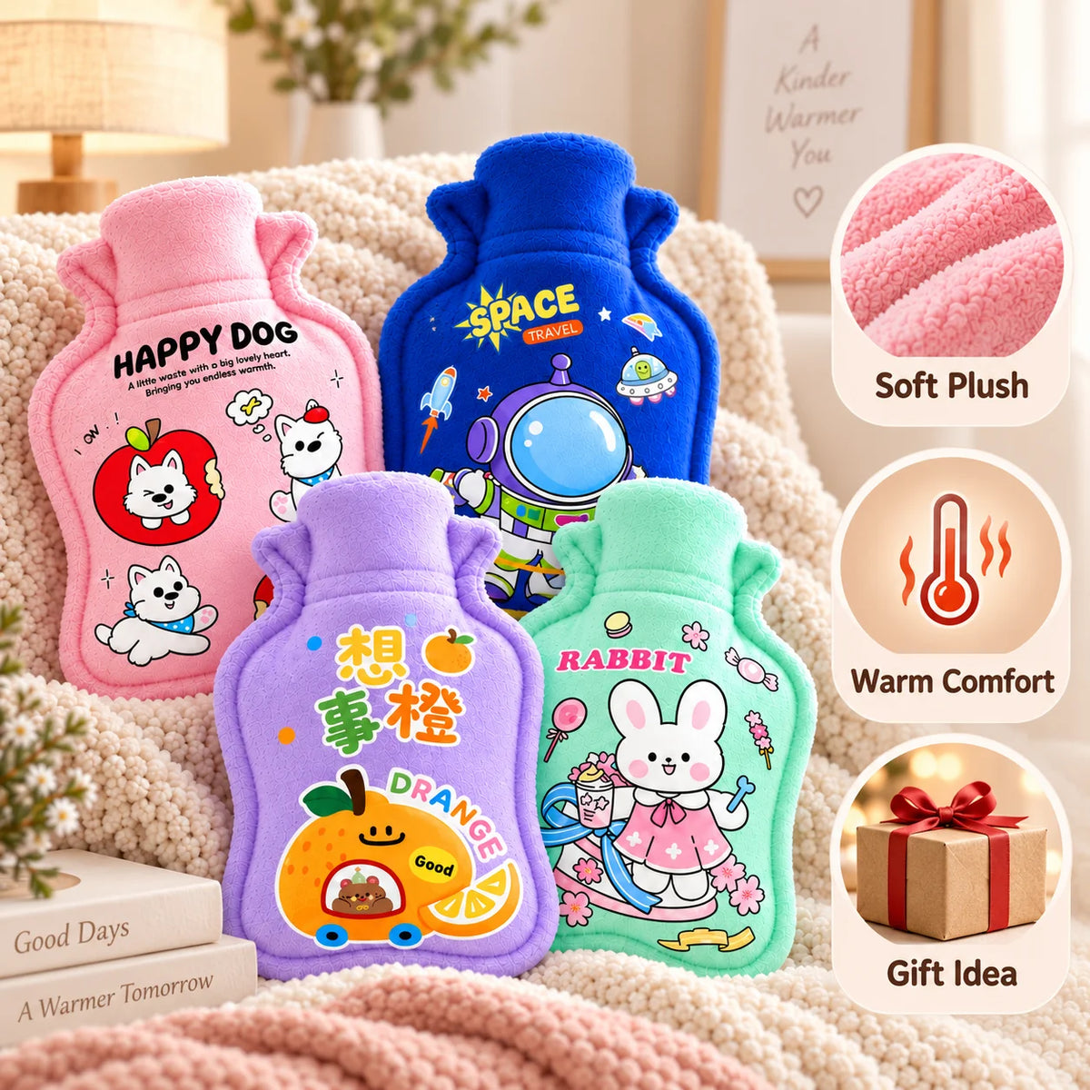 1PC Hot Water Bottle Cute Plush Cartoon Cover Warm Water Bag Portable Reusable Hand Warmer Winter Home Gift
