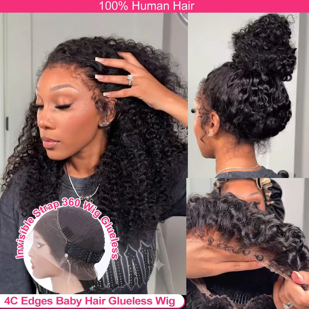 4C Kinky Edges Deep Wave Hidden Invisible Drawstring 360 HD Full Lace Glueless Frontal Wig Kinky Curly Lace Front Human Hair Wig