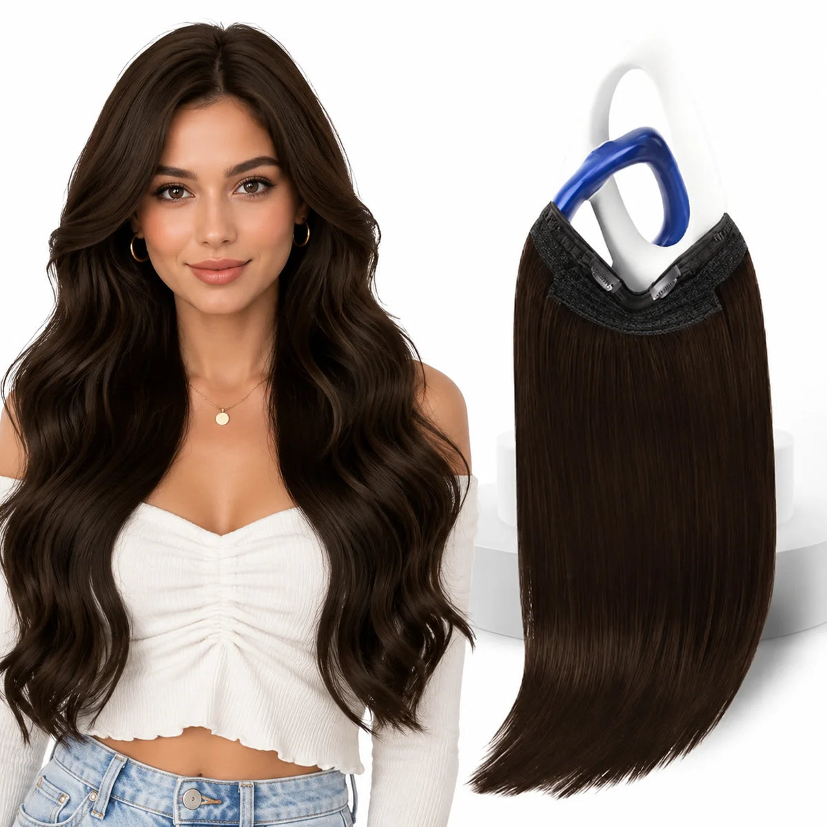 VeSunny Fish Line Human Hair Extension Wire Natural Hair One Piece Invisible Wire Hair Weft with 2 Clips Blonde Soft Remy Hair