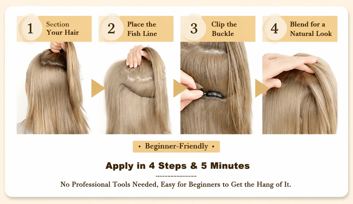 VeSunny Fish Line Human Hair Extension Wire Natural Hair One Piece Invisible Wire Hair Weft with 2 Clips Blonde Soft Remy Hair