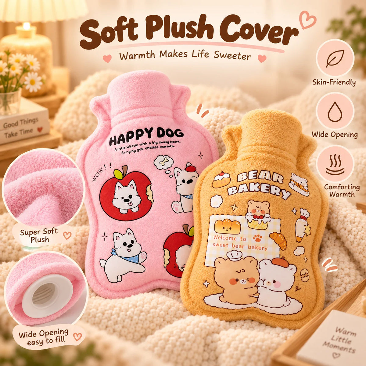 Hot Water Bottle Plush Warm Water Bag Cute Cartoon Soft Cover Hand Warmer for Winter Bed Sofa Women Kids Gift