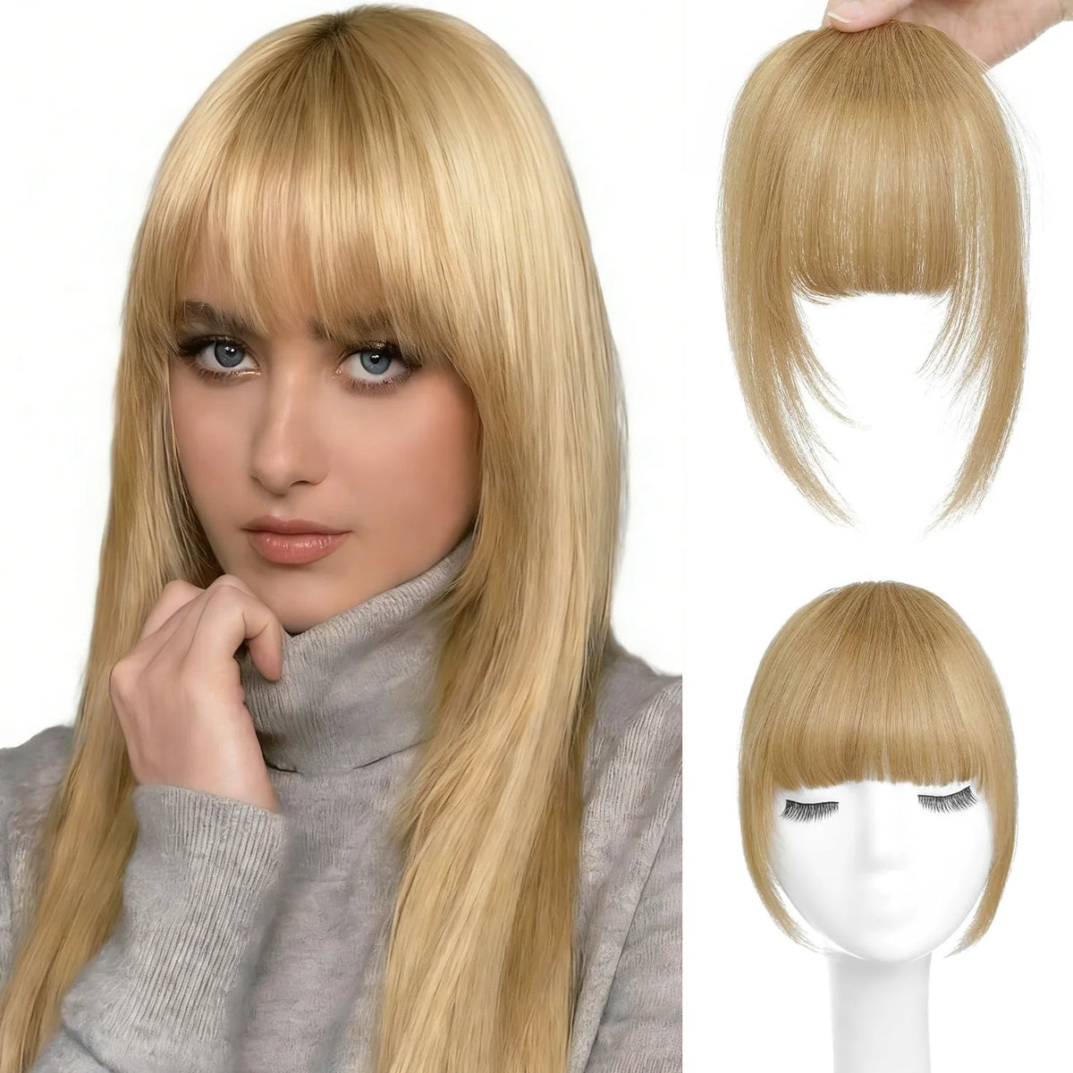 Clip In French Hair Bangs 100%  Human Hair Extensions Wispy Bangs for Women Curved Fake Bangs with Fringe Temples Hairpieces